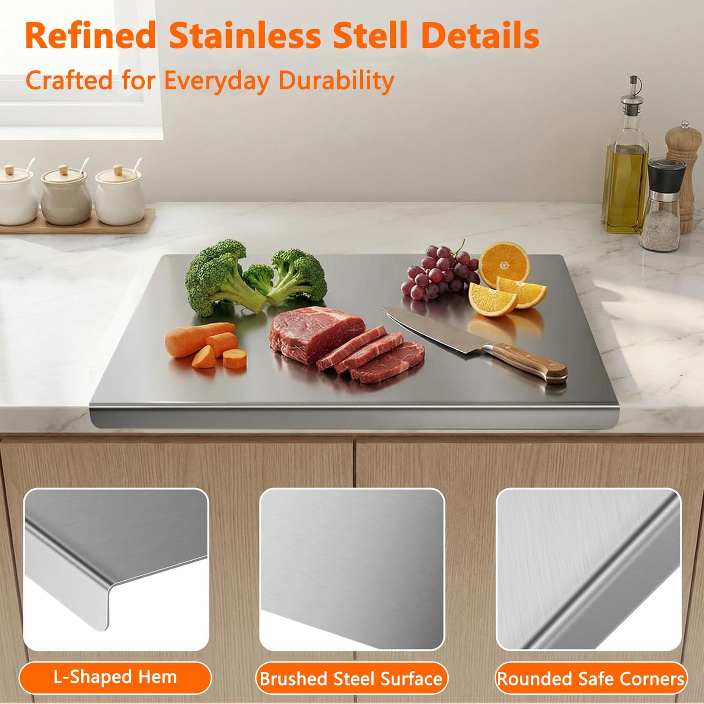 Stainless Steel Cutting Boards for Kitchen, 304 Stainless Chopping Board, Non-Slip Metal Cutting Board for Meat, Fruits, Vegetables, and Baking Food Grade Cutting Boards (40x50cm)