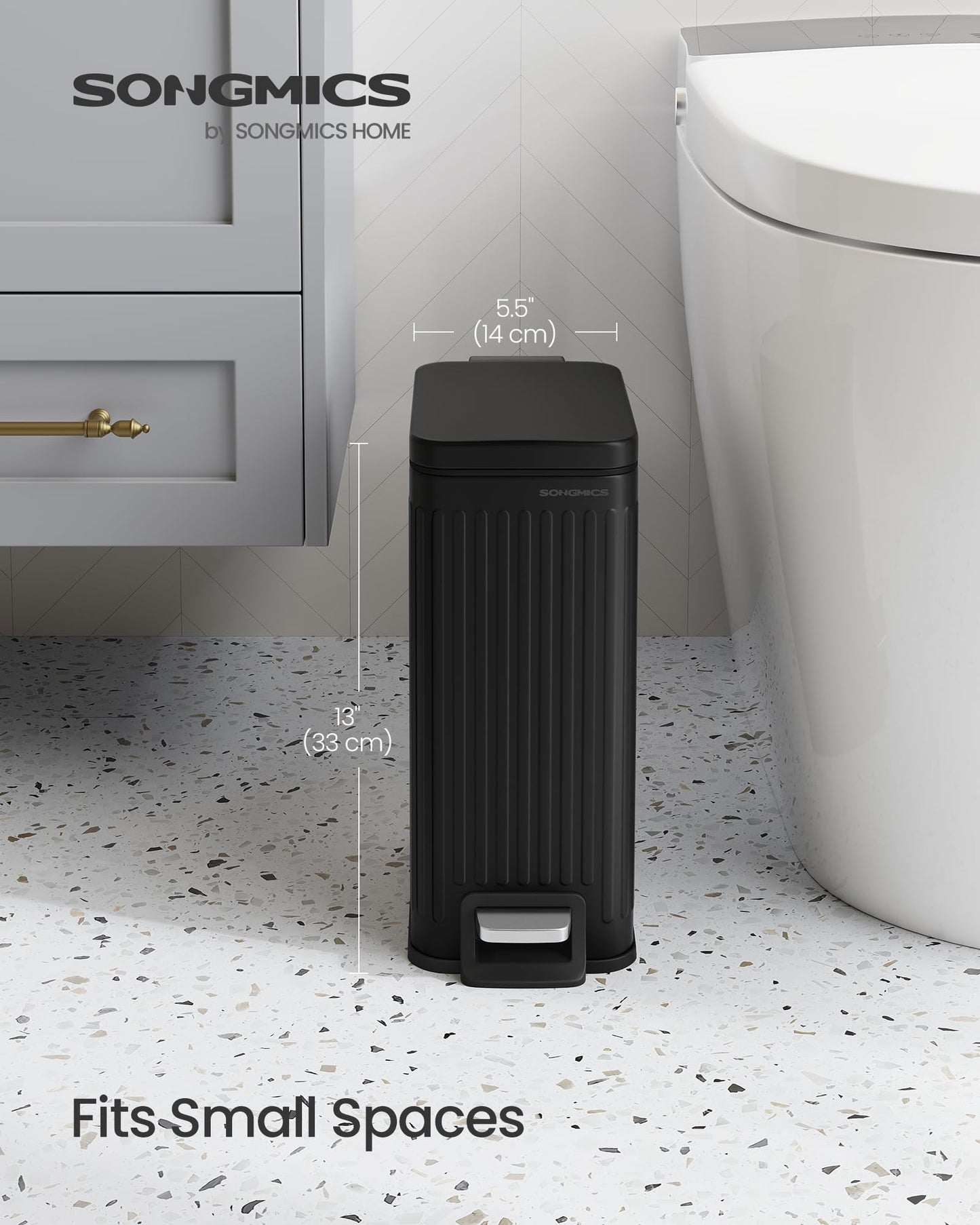 SONGMICS Bathroom Trash Can, 1.6-Gallon (6 L) Trash Bin with Lid, Slim for Small Spaces, Stainless Steel Garbage Can, Soft Close, Ink Black ULTB563B02