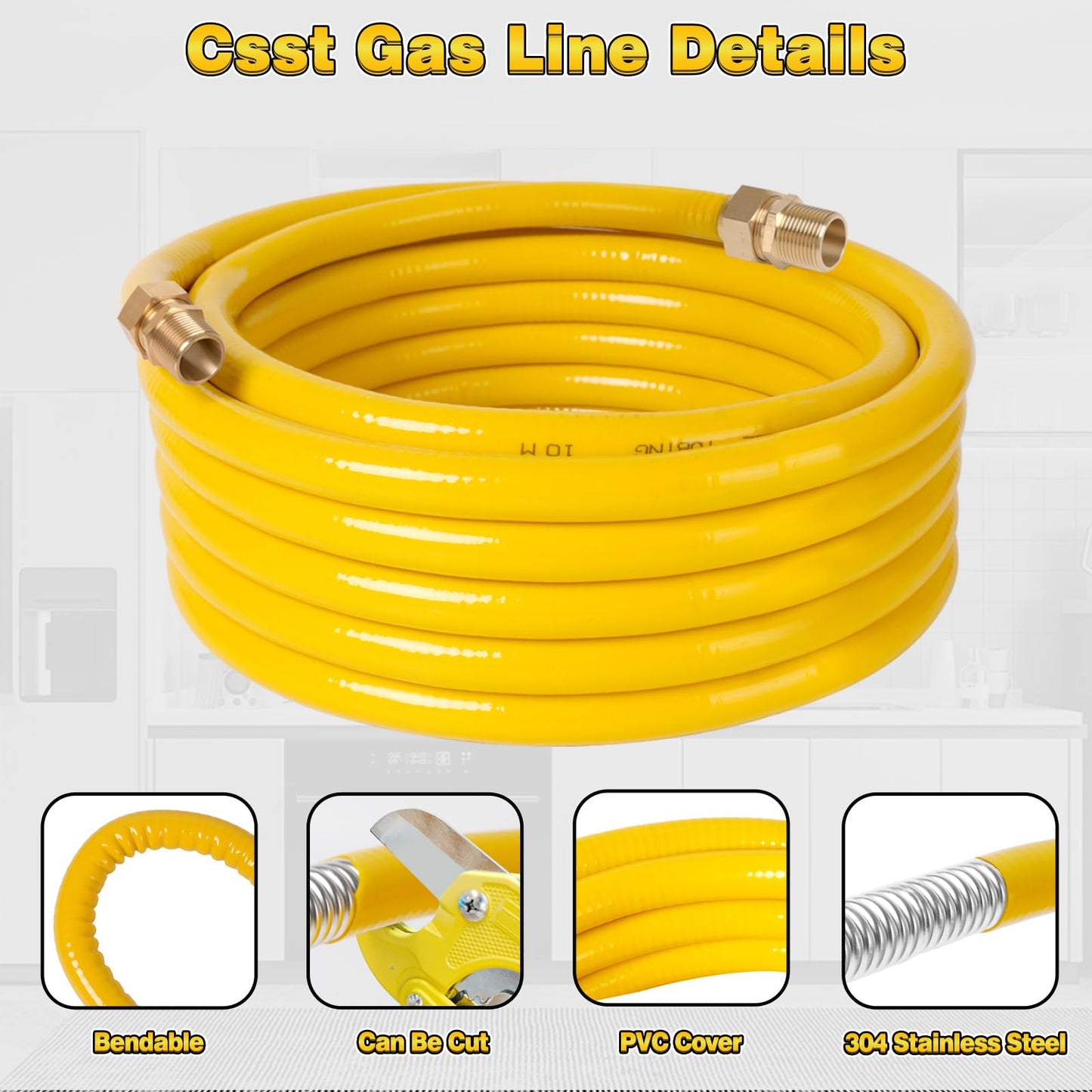 Jasdego 33ft 1/2'' Gas Line CSST Flexible Stainless Steel Tubing Pipe Anti-Cracking Used for Natural Gas Propane Equipment with 2 Male Fittings (33ft 1/2'')