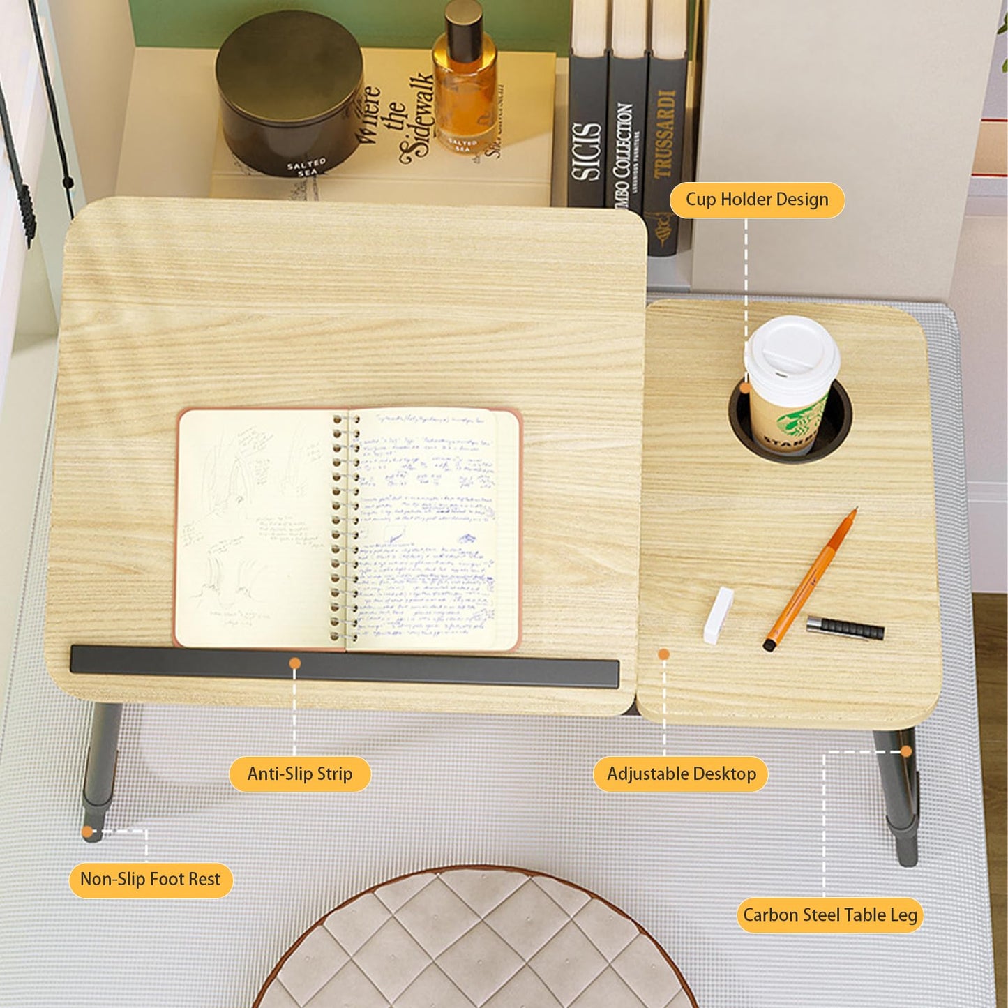 Laptop Desk for Bed, Adjustable Laptop Stand with 5 Adjustable Angles, Portable Lap Tray Table with Cup Holder, Laptop Bed Desk Tray for Working Writing Reading
