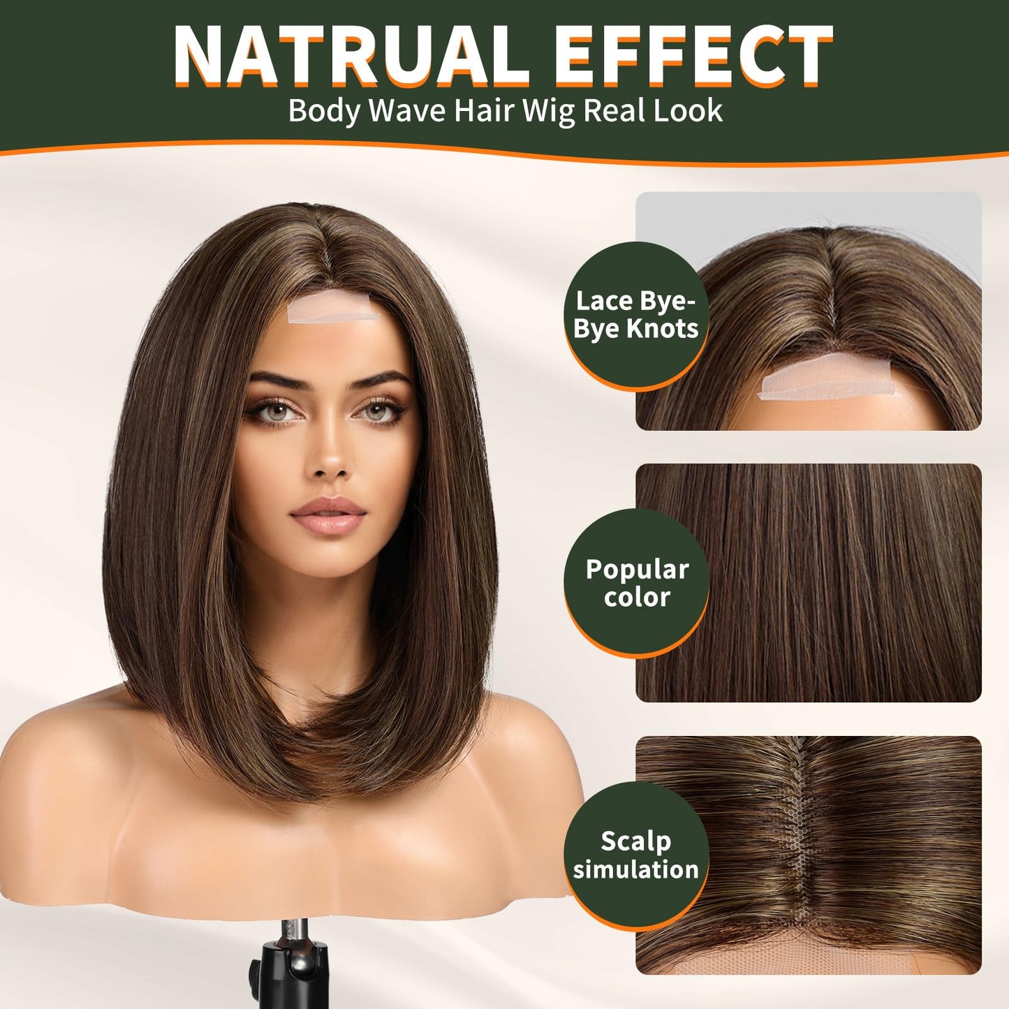 KOME Natural Brown Highlight Short Bob Wigs,Brown Straight Shoulder Length Wigs for Women,Middle Part Heat Resistant Fibre Synthetic Wig Daily Use…