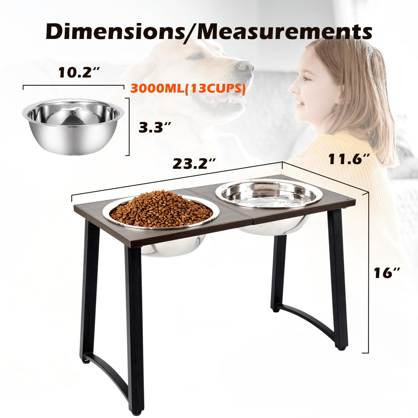 ADENGL Elevated Dog Bowls for X-Large & Large Dogs, 16” Tall Raised Feeder Stand with 2×3000ML Stainless Steel Bowls and Slow Feeder, Heavy-Duty Dog Food & Water Bowl Set