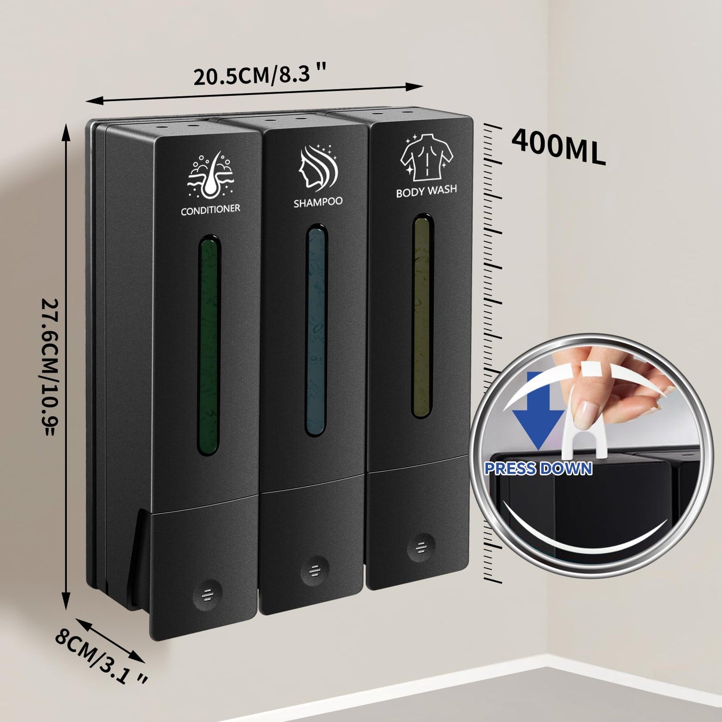 Volufia Shampoo and Conditioner Dispenser, Shower Soap Dispenser, Shower Dispenser 3 Chamber No Drill, Body Wash Dispenser Wall Mounted for Bathroom Hotel 3x400ML, Black