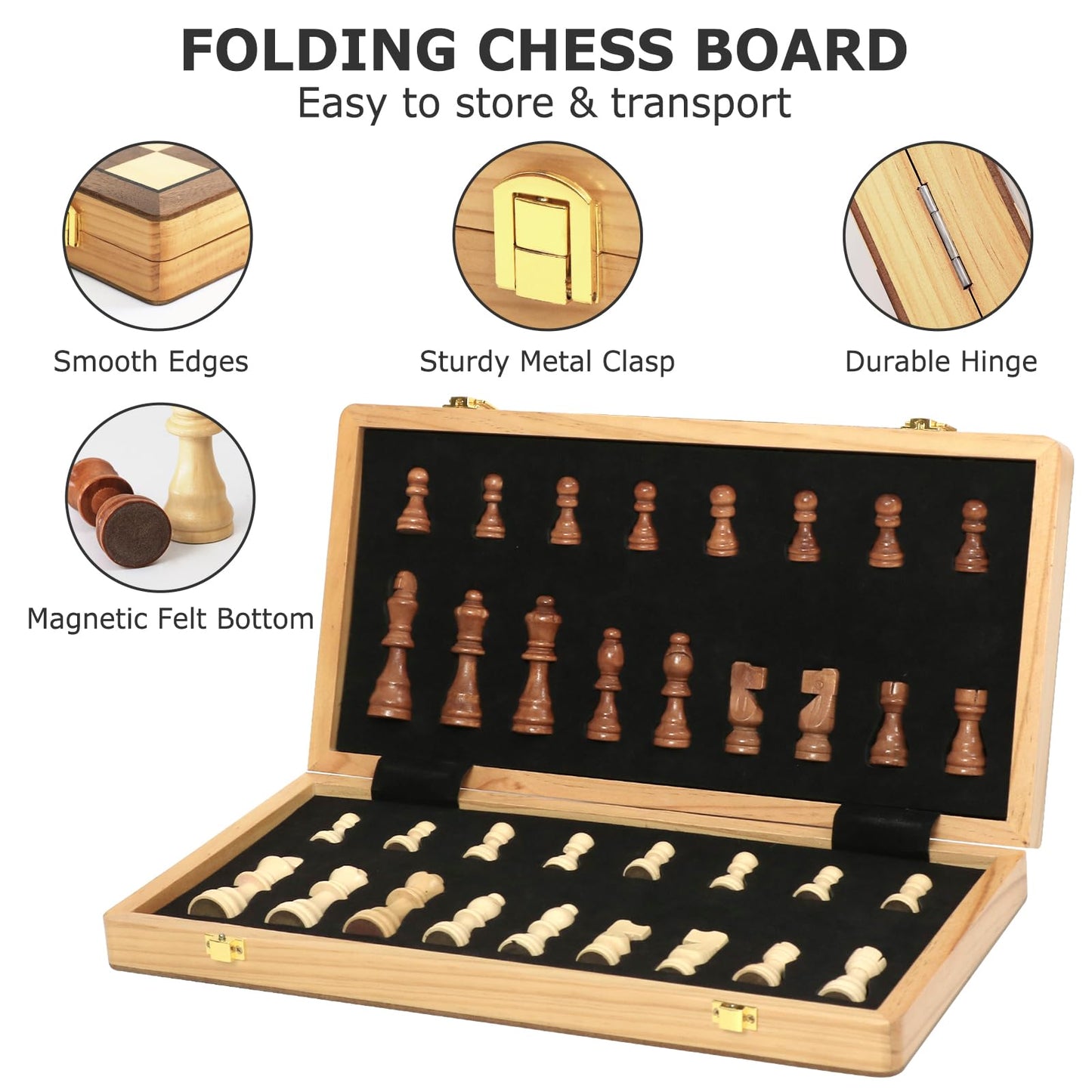 15.35 Inch Magnetic Wooden Chess Set, Exqline Large Chess Board Set with 2 Extra Queens, Handmade Portable Travel Folding Board Games, Beginner Tournament Chess Set for Kids and Adults