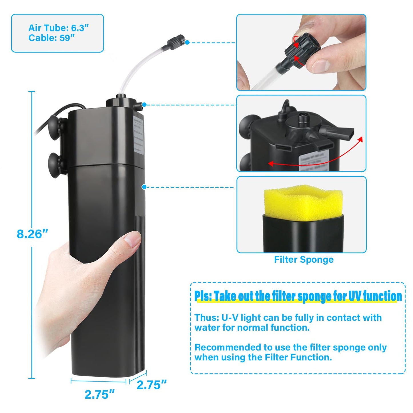 Aquarium U-V Filter w/Cycle Timer for 40-75 Gal. Large Turtle Fish Tank, Swirl Turb. Design 4-in-1 Quiet Pump, Green Clean Machine Internal 211GPH Saltwater Freshwater Keep Crystal Clear