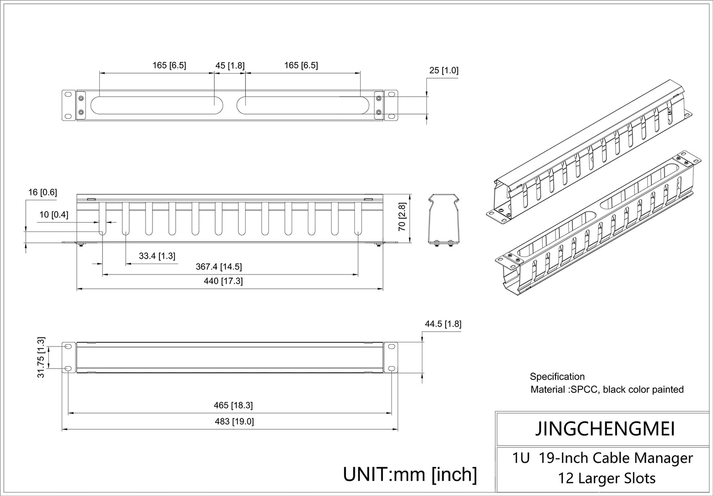 Jingchengmei 2 Pack of All Metal 1U Cable Management Horizontal Rack Mount Cable Manager with 12 Big Finger Slots for 19-inch Server Rack or Cabinet