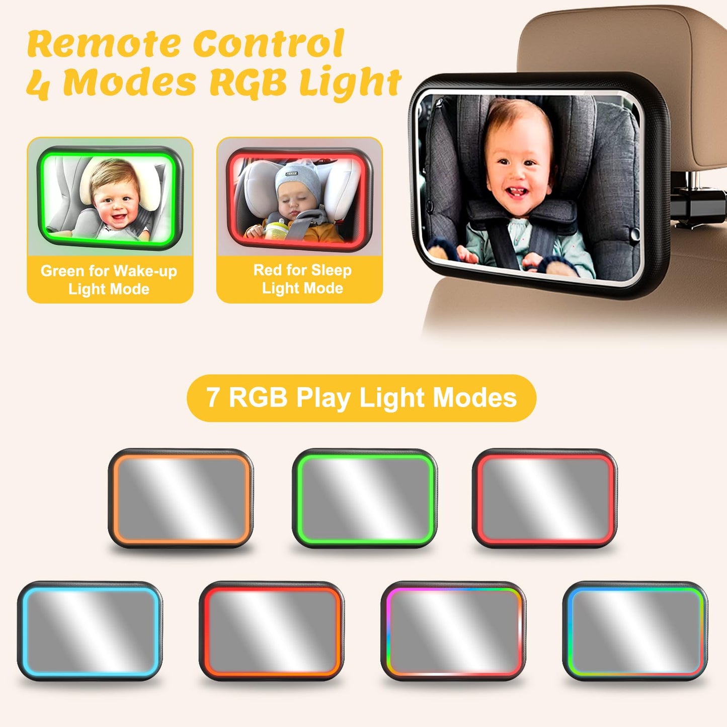 Fosucwin Baby Car Mirror with Light, 11 RGB Light Modes, 360° Rotation, Wide Angle, Remote Control, Shatterproof, Hook Clamp Design
