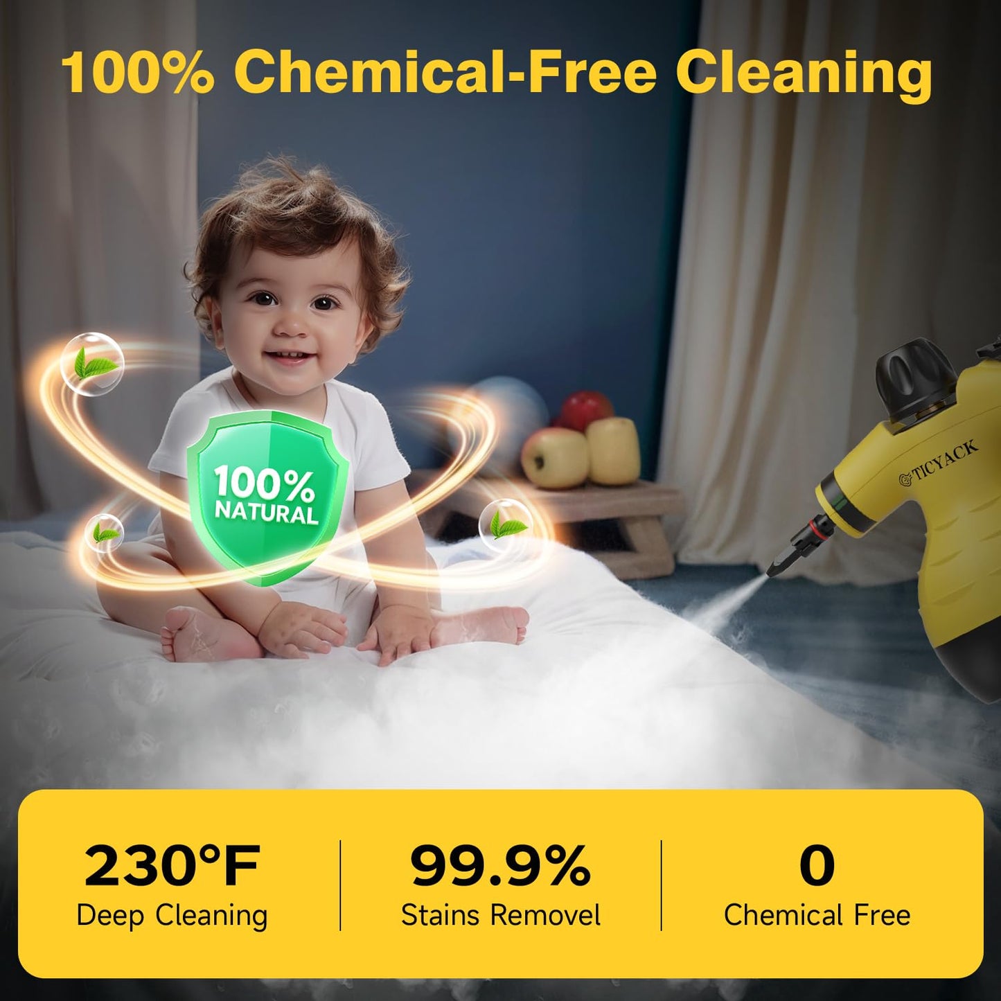 TICYACK Steam Cleaner Handheld, Steam cleaner with 16 Accessories, Hands-Free Auto Steam & Child Lock, Multi-Surface steam Cleaner for home, Kitchen, Car Detailing, Upholstery (Yellow)