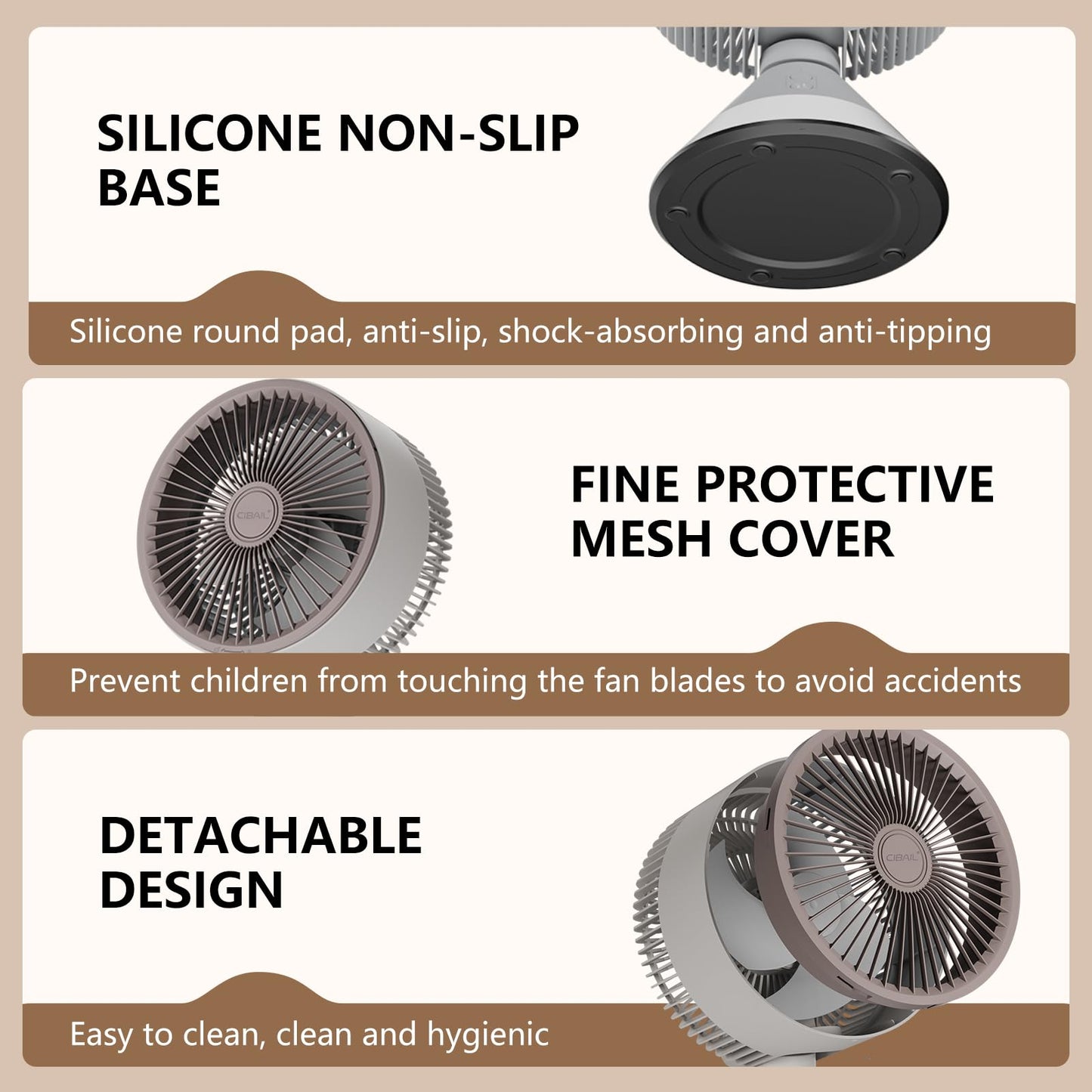 CIBAILbasr Small Desk Fan for Bedroom,10 Inches Portable Electric Table Air Circulation Fan,USB-C Rechargeable Powerful with 3 Speed 360° Adjustable Tilt for Whole Room (Gery)