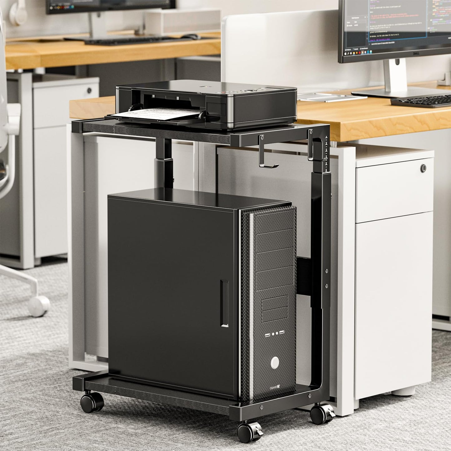 Computer Tower Stand - Height Adjustable PC Tower Stand CPU Holder Cart with Locking Wheels and 4 Hooks for Home Office,23.03"-28.3" H, Black
