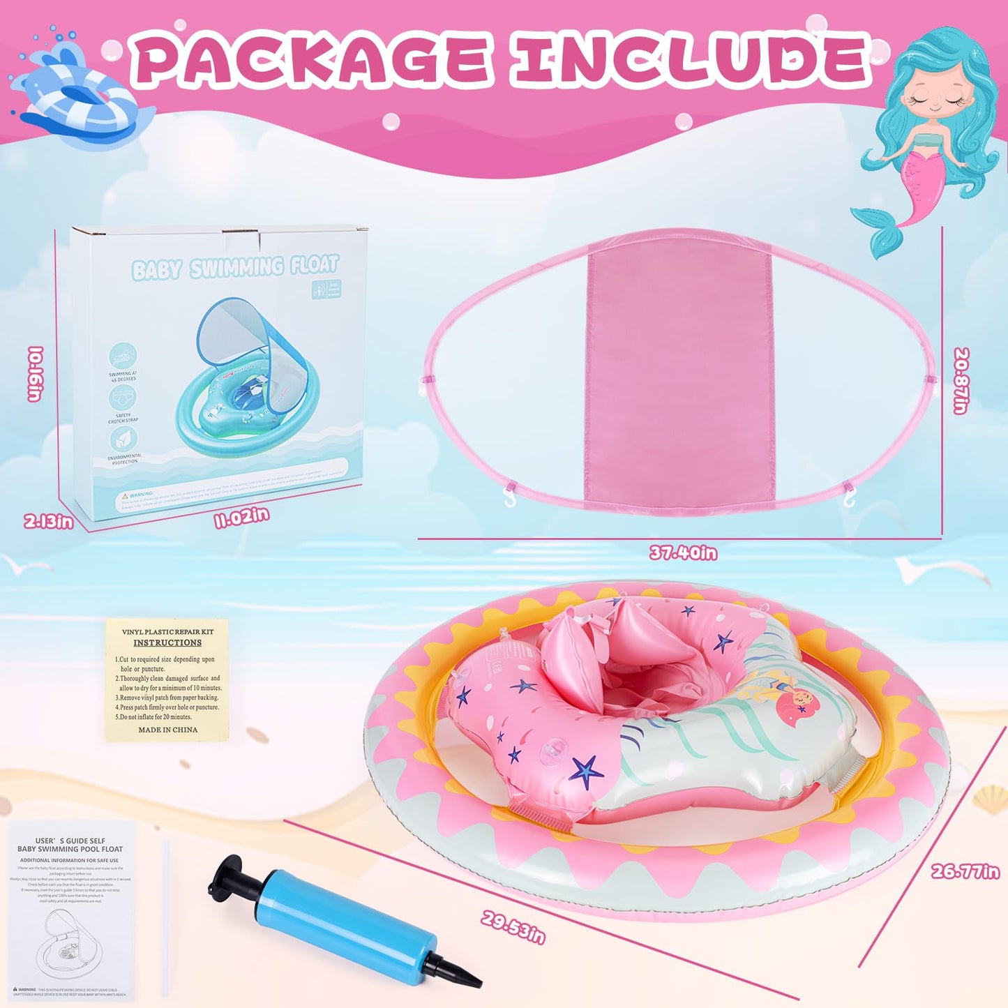 Refasy Baby Swimming Float for 6-36 Months, Inflatable Baby Pool Float with Dual Airbags & UPF50+ Sun Canopy, Adjustable Safety Seat Baby Swimming Ring for 6 9 12 18 24 36 Months Toddlers Gilrs