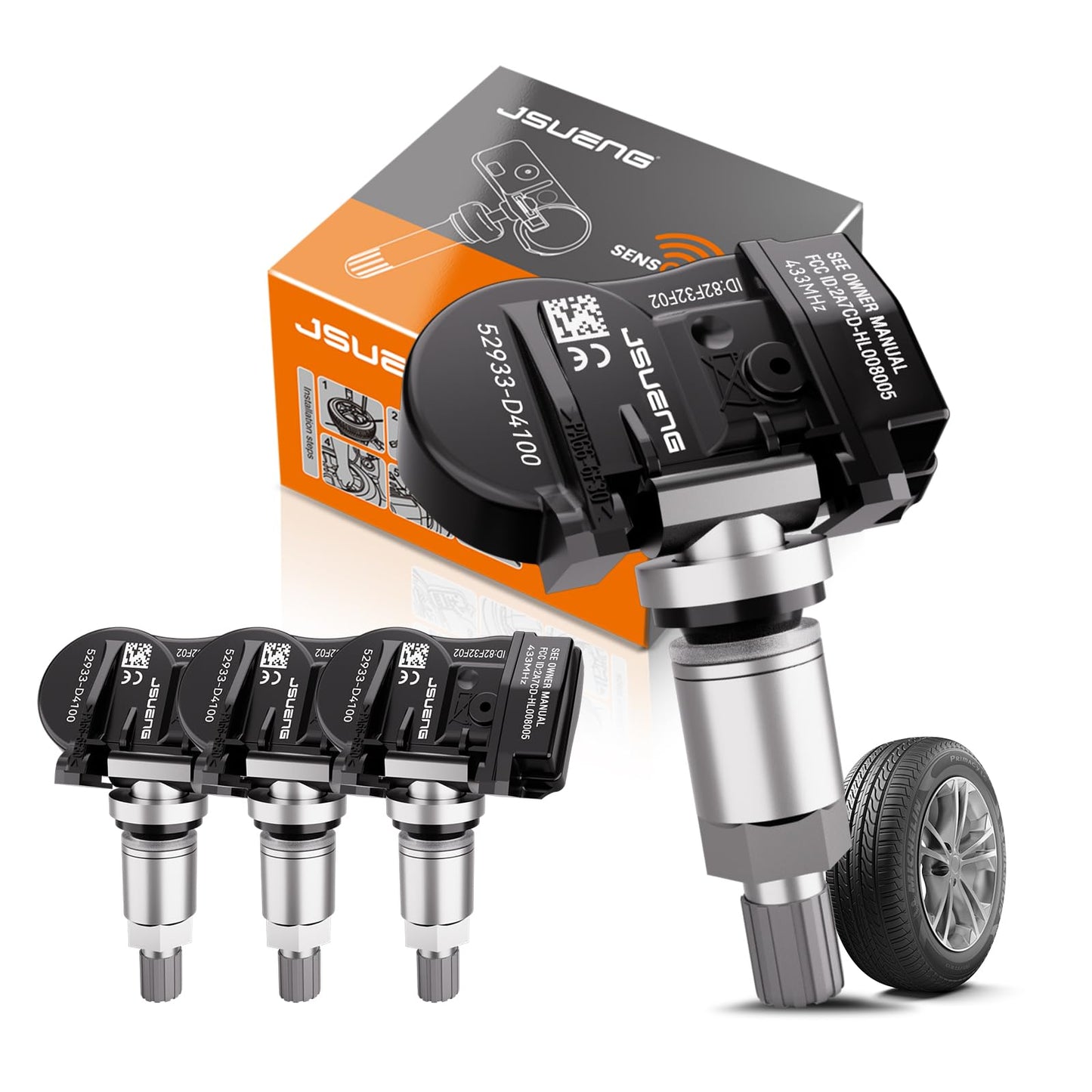 TPMS Sensor, 433MHZ Tire Pressure Monitoring Sensor fit for Hyundai Sonata Veloster Kona Elantra, fit for Kia Niro Soul, Pre-Programmed TPMS Sensor Replaces 52933-D4100 52933F2000 52933D9100 4 Pack