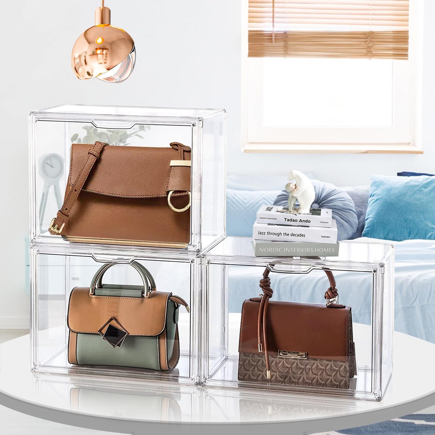 4 Packs Clear Plastic Handbag Storage Organizer for Closet, DILIBRA Acrylic Display Box for Handbag, Stackable Storage Boxes Bag Organizer with Magnetic Door for Small Purse Clutch Wallet Book Hats