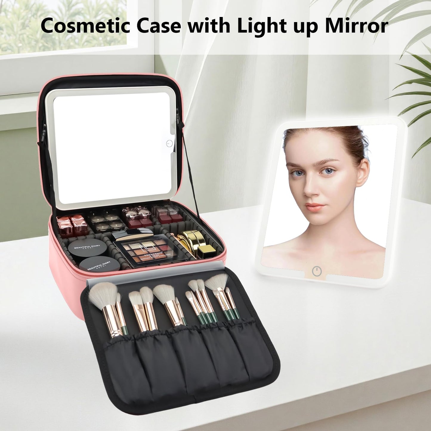 SLUMAZI Makeup Bag with LED Mirror Travel Makeup Organizer with 3 Lighted Settings, Adjustable Dividers and Makeup Brush Storage Bag Pink