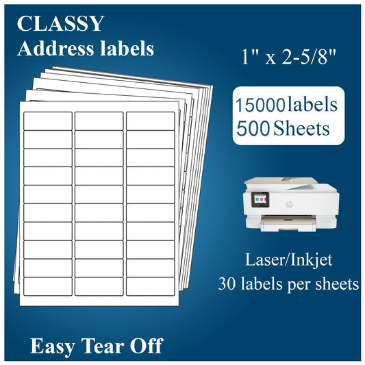 (500 Sheets, 15000 Labels) Sticker Paper, 1" x 2 5/8" Shipping Address Labels, 30 Per Page Self Adhesive Mailing Label for Laser and Inkjet Printers