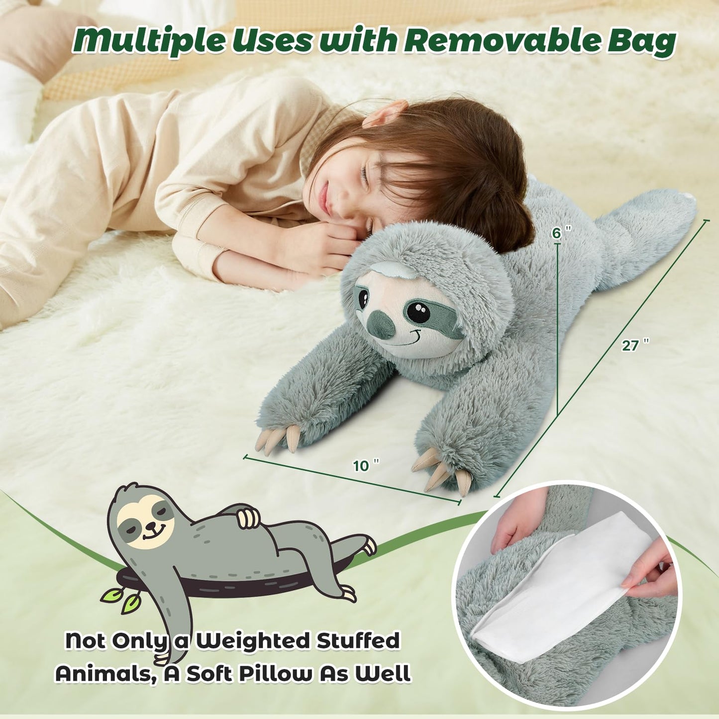 Bobbie & Laxi 27" & 4.5 lbs Sloth Weighted Stuffed Animals, Cuddly & Soft Kids' Plush Toy Pillows for Companion, Large Plushies with Removable Ceramsite Bag, Gifts for Adults, Kids, Boys and Girls