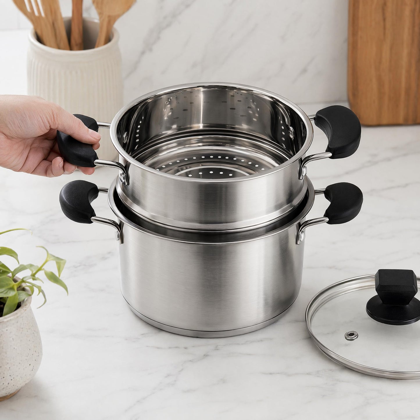 ZENFUN 1.8 Quart Stainless Steel Steamer Pot with Basket, Stock Pot with Glass Lid, Mini Steaming Pot Cookware with Handle, Metal Cooking Steamer for Vegetable, Stews, Pasta, Sauce, Individual-use
