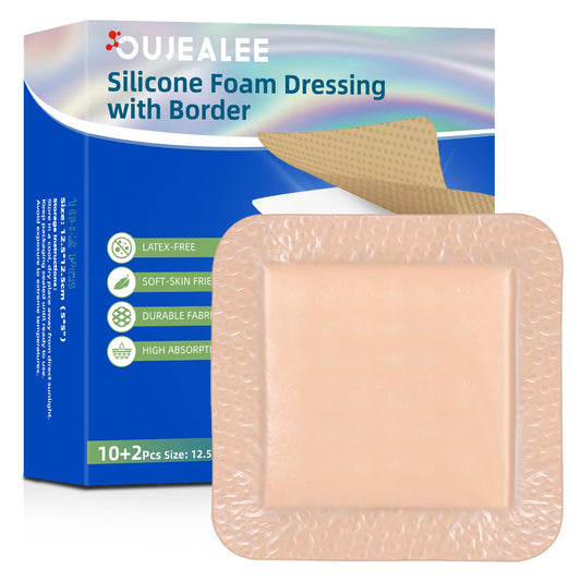 OUJEALEE Silicone Foam Dressing 12.5x12.5cm (5x5") - 12 Pack, All-Silicone Adhesive Layer for Pressure Ulcers, Bed Sores & Surgical Wounds, Waterproof & Highly Absorbent Wound Dressing