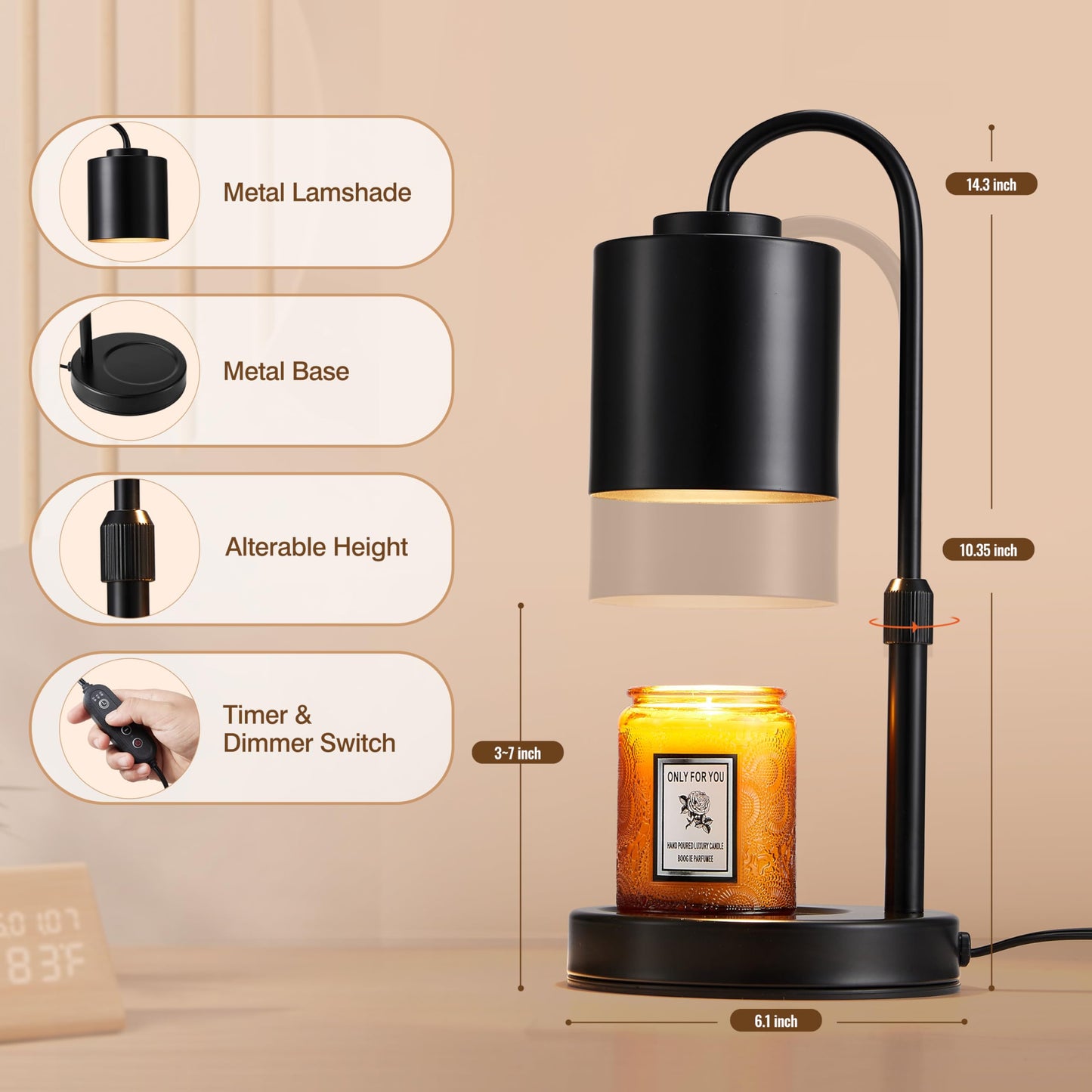 CASTLELIFE Candle Warmer Lamp with Timer & Dimmer, Height Adjustable Electric Wax Melt Warmer for Jar Candles, Gifts for Mom Home Decor, Black
