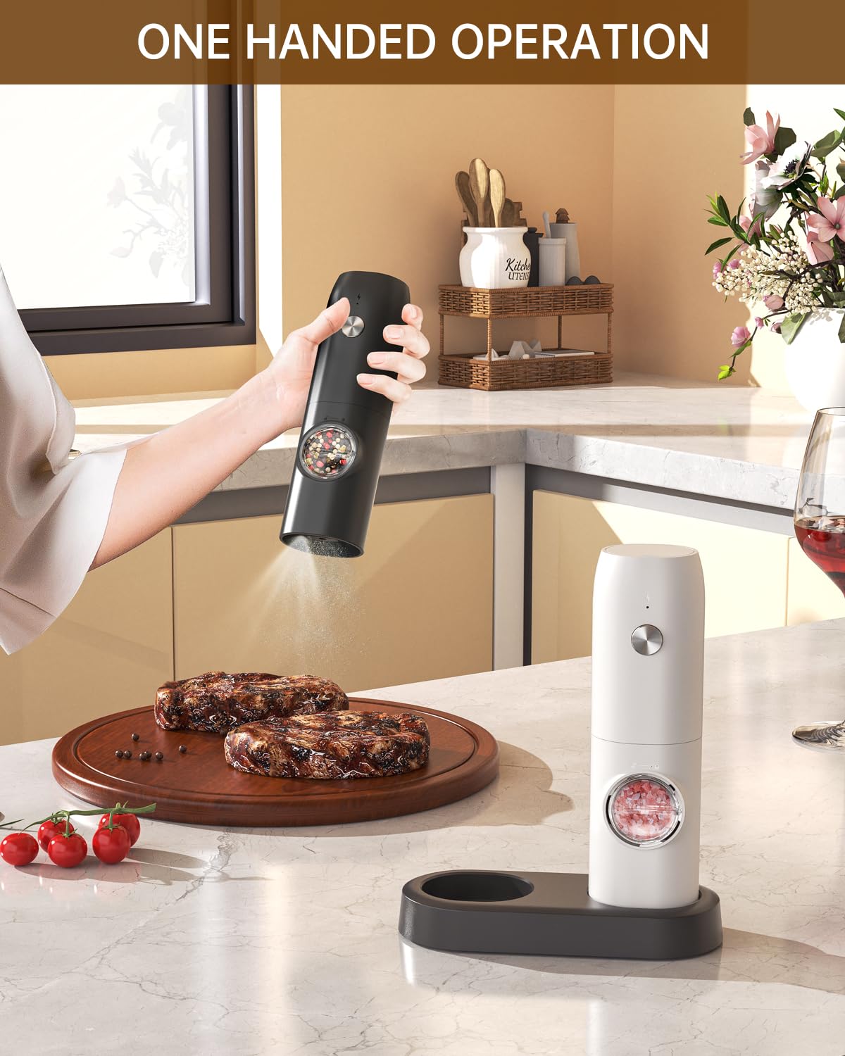 CIRCLE JOY Electric Salt and Pepper Grinder Set, USB Rechargeable Pepper Mills with Ceramic Grind and Adjustable Coarseness, Automatic Grinder for Home, Kitchen, Black White