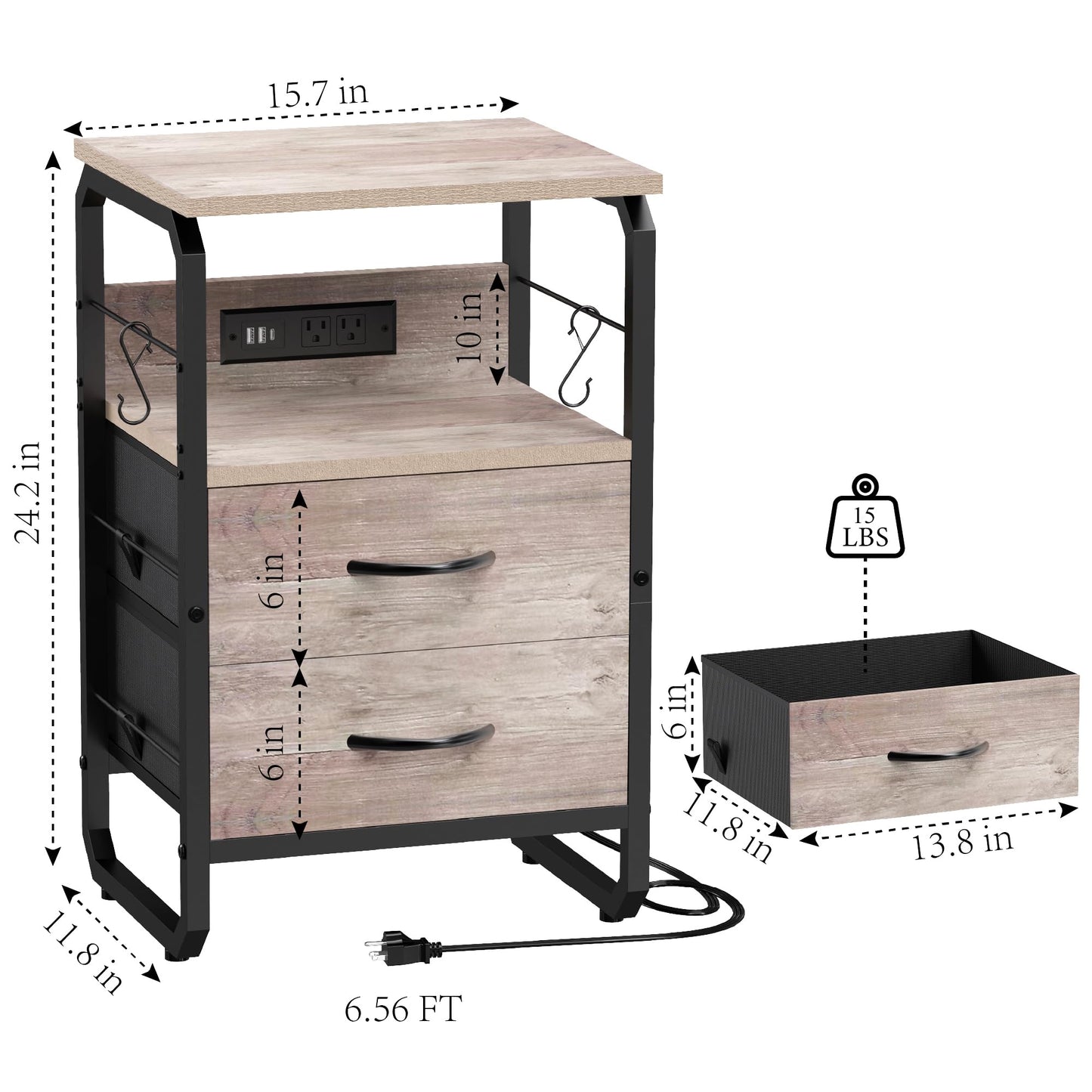 runjuly Side Table with Drawers, Night Stand with Charging Station, AC Outlets & USB C Ports, End Table with Storage, Night Tables with Hooks, Bedside Nightstand for Office, Bedroom, Dorm Greige