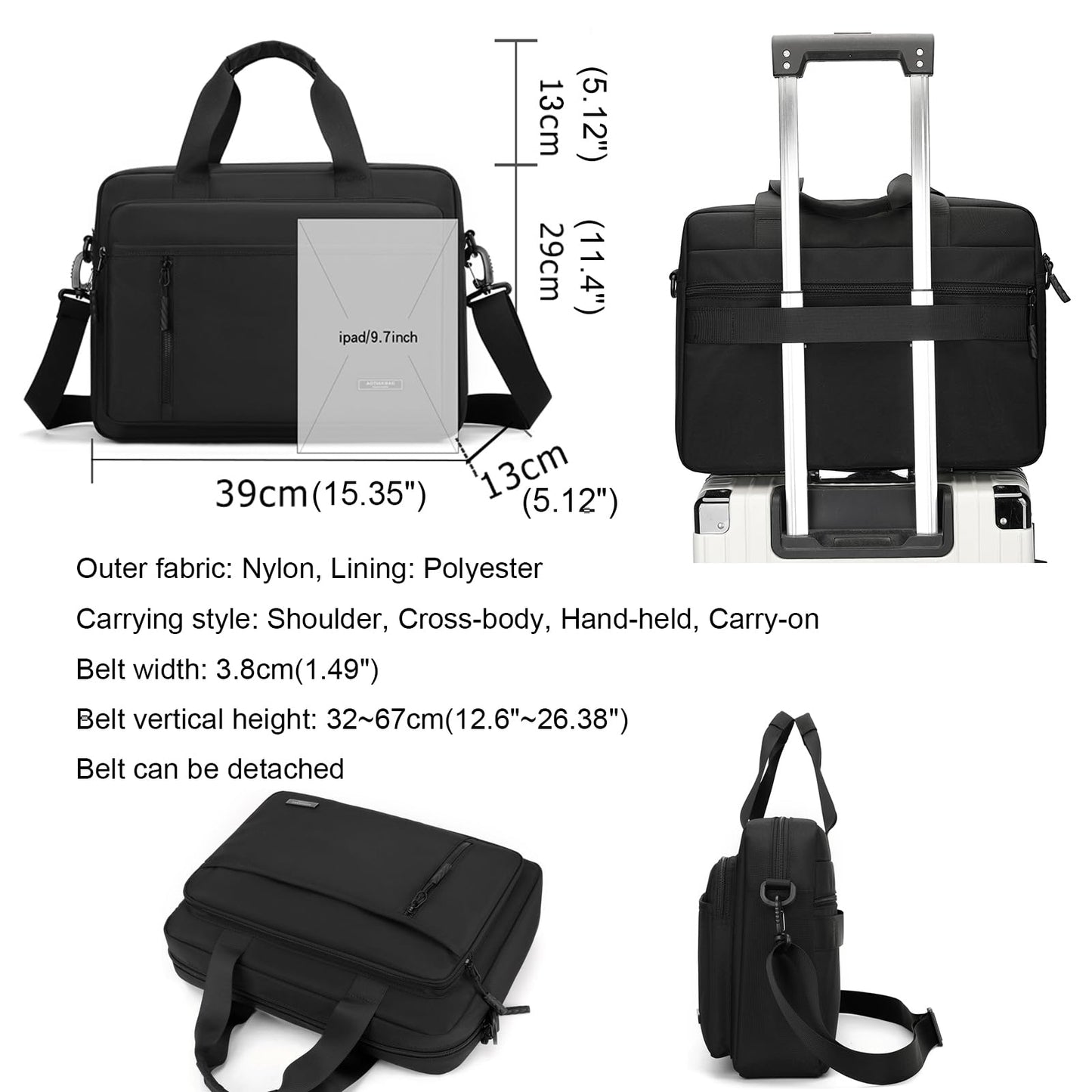 Laptop Bag 14 Inch Briefcase for Men Women Waterproof Nylon Lightweight, Shoulder Messenger Handbag for Business Office Work Travel College Black