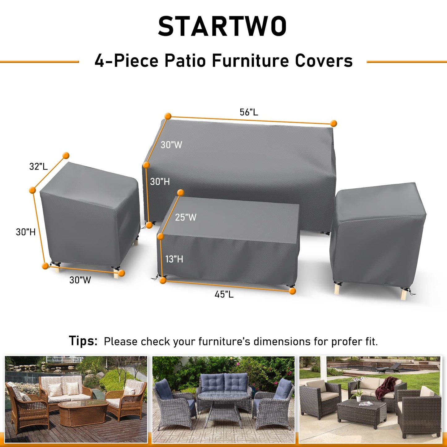STARTWO Outdoor Waterproof Patio Furniture Covers 4-Piece Set for Chairs 32in, Loveseat 56in, Coffee Table 45in, Heavy Duty, Grey