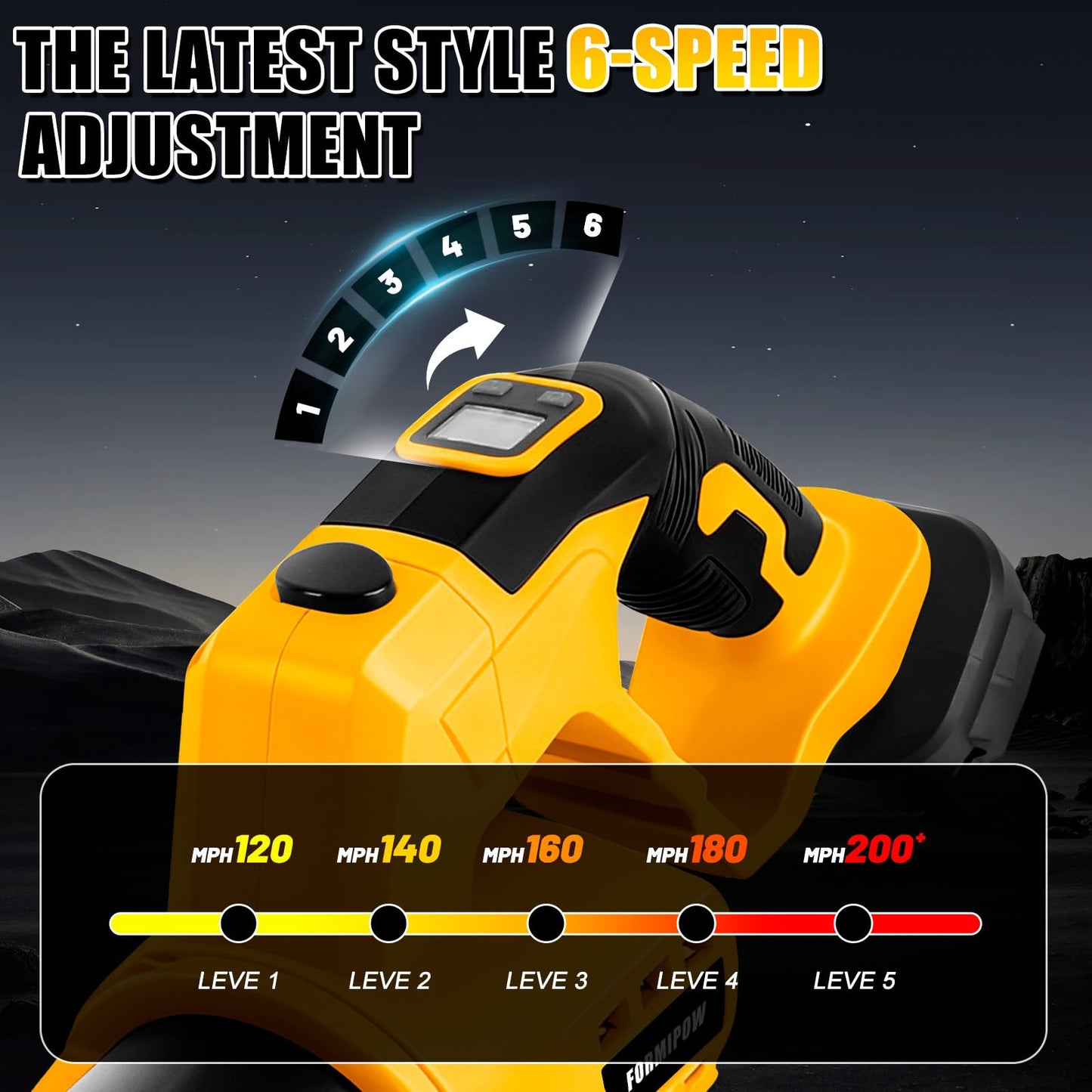 FormiPow Rotating Leaf Blower for DeWalt 20V Max Battery,200MPH 600CFM Brushless Motor Blower, 6-Speed with Display, 180° Adjustable Handle, Cordless Leaf Blower for Yard Patio Cleaning (No Battery)