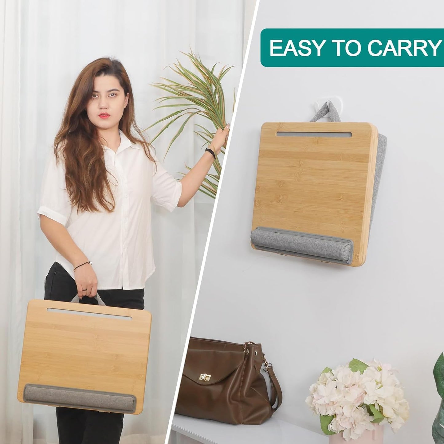 Lap Desk Laptop Tray with Cushion Portable Bed Tray Desk, Ergonomic Design Adjustable Angle Lap Desk with Tablet Phone Holder, for Home Office, Sofa, Bed, Couch and car. Bamboo Cushioned Laptop Tray
