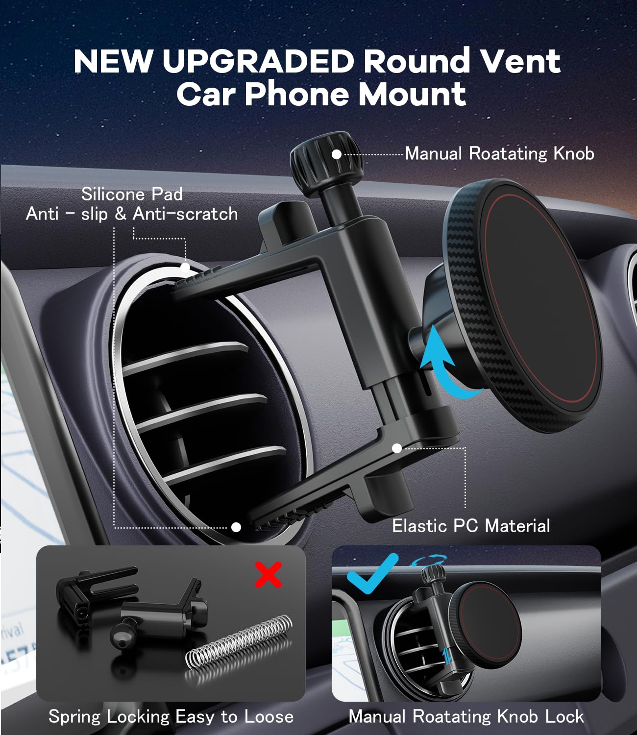 ALAFLY Magnetic Round Vent Car Phone Holder for Jeep Wrangler JL(2018-2025) Gradiator (2020-2024) Compass (2009-2016), Air Vent Car Mount Compatible with MagSafe for iPhone 17 16 15 14 13 12