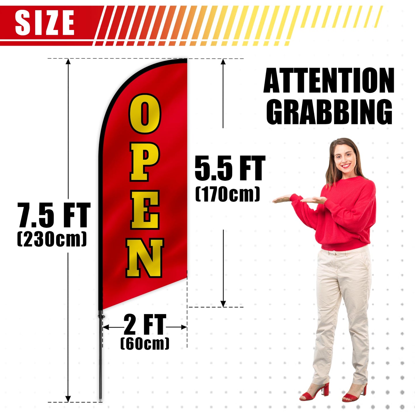 Anley 7.5 FT Open Feather Flag Banner Kit - Outdoor Swooper Advertising Flags with Pole and Stake – Open Sign for Storefront, Business Promotion, Events, Trade Shows – Weather Resistant & Easy Setup