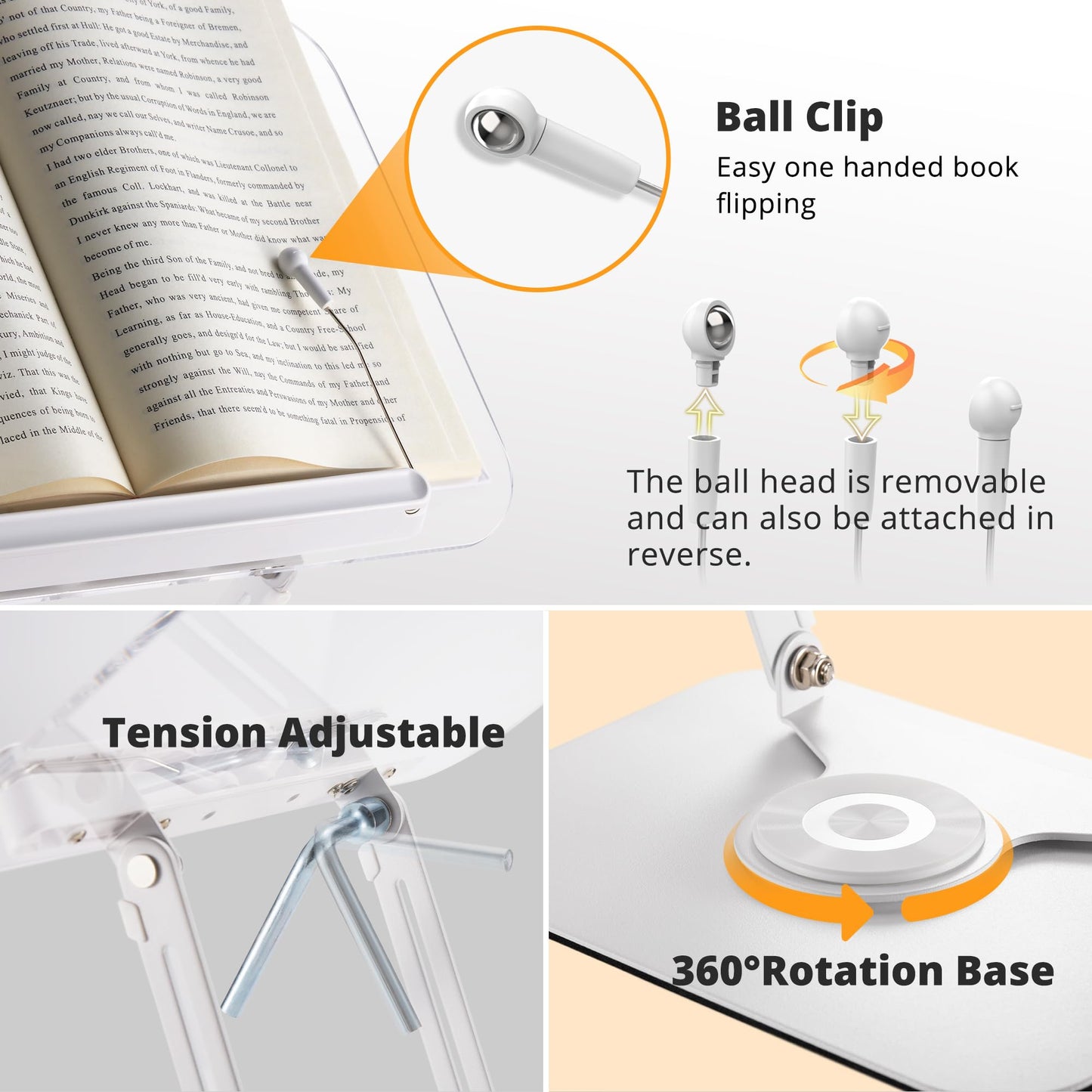 SupeDesk Acrylic Book Stand for Reading, Adjustable Cookbook Stand with 360° Rotating Aluminum Base, Foldable & Portable Tablet Holder, for 3.5-15 inch iPad, Laptop, Tablet, Kindle, Reading