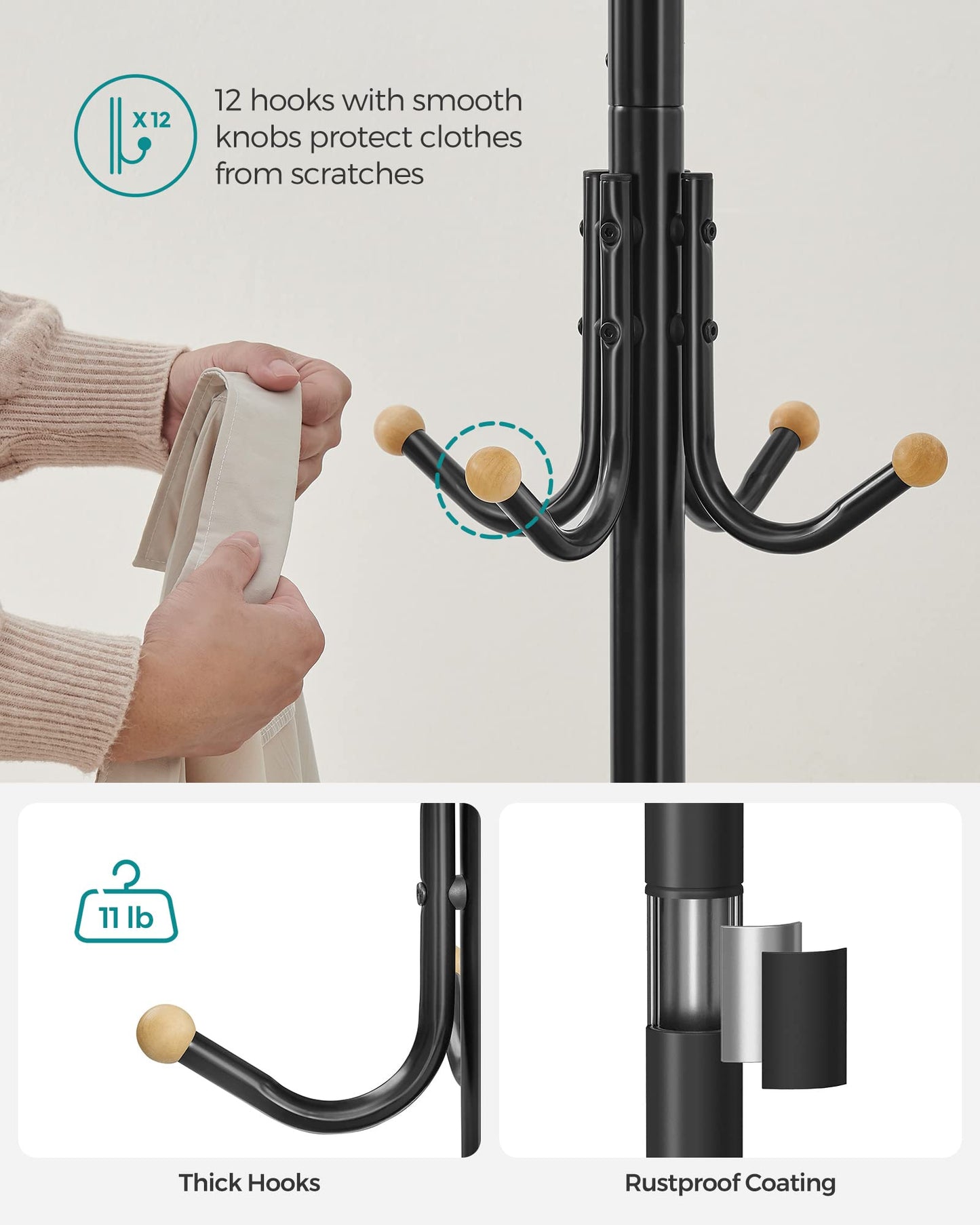 SONGMICS Coat Rack Freestanding, Metal Coat Rack Stand with 12 Hooks and 4 Legs, Holds Clothes, Hats, and Bags, for Entryway, Living Room, Bedroom, Black URCR031B01
