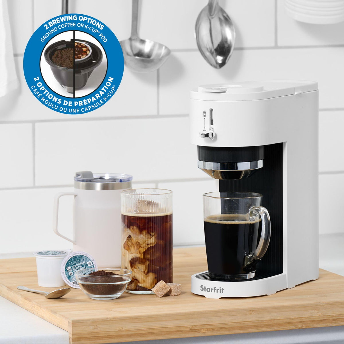 Starfrit 2-in-1 Coffee Machine - Brews K-Cup Pods or Ground Coffee - Adjustable Spout for Mugs - Removable Filter Basket - White Matte
