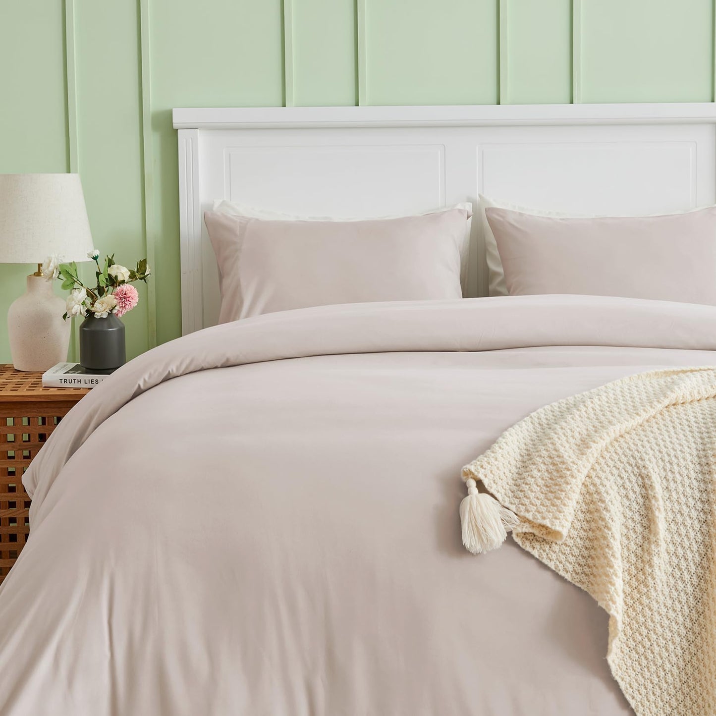 Sasttie Duvet Cover Queen, 3-Piece Ultra Soft Double Brushed Bedding Sets for All Season Use, Includes 1 Duvet Cover 90x90 Inches, 2 Envelope Pillowcases 20x30 Inches, Beige