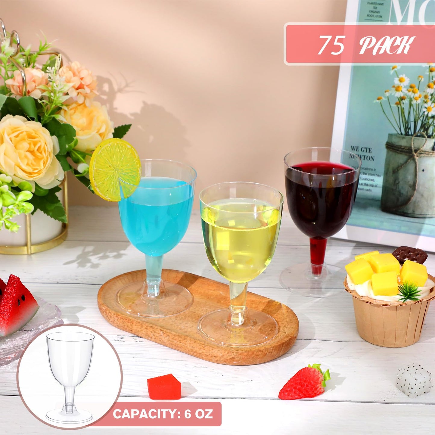KesaPlan 75 Pcs Plastic Wine Glasses, 6oz Disposable With Stem, Stackable Goblets, Clear Reusable for Outdoor Parties, Weddings, Birthdays, Picnics