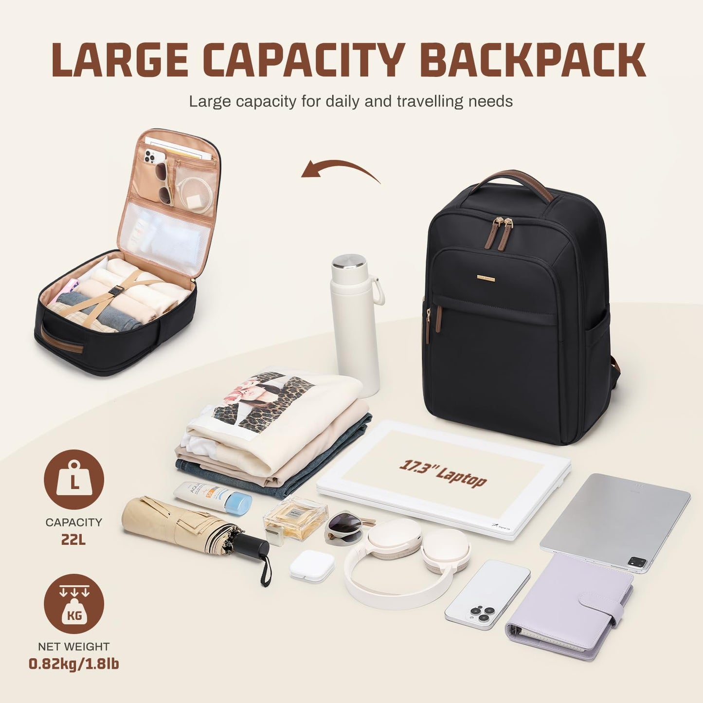 GOLF QUALITY 22L Travel Backpack for Women & Men,Carry On Bag for Airplanes Personal Item Laptop Backpack,17.3 Inch,Black