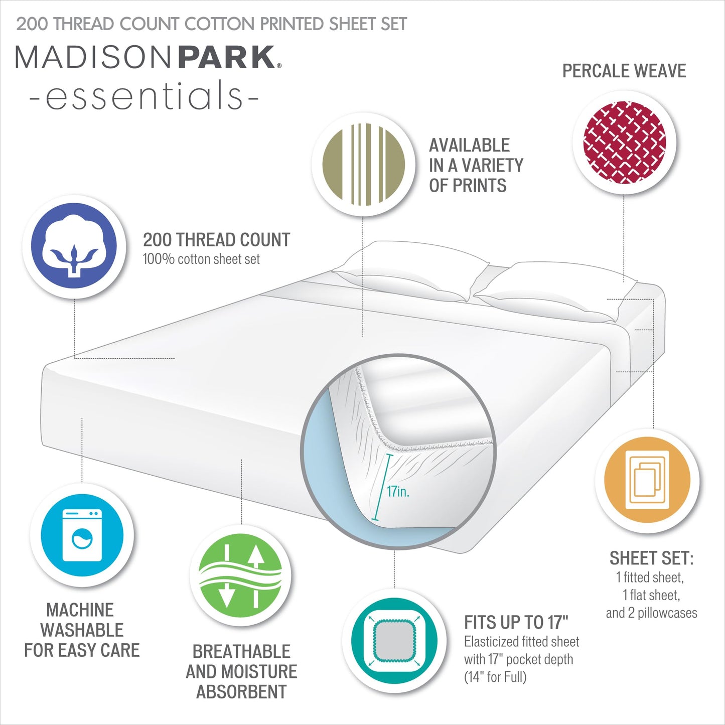 Madison Park 100% Cotton Sheets, Breathable & Soft Cotton Bed Sheets, Printed Design, Elastic Pocket Cotton Sheet Set Fits Up to 17" Mattress, All Season, Queen Gray Stripes 4 Piece