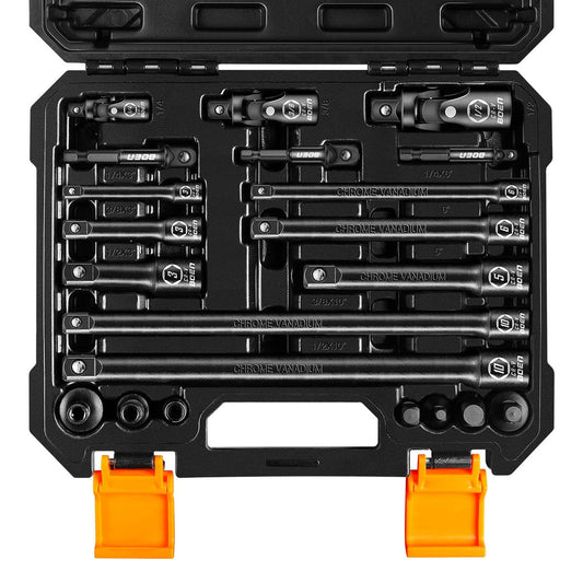 Boen 21 Piece 1/4" & 3/8" & 1/2" Drive Tool Accessory Set, Includes Socket Adapters, Extension Bars, Swivel Universal Joints, Impact Coupler and 1/4" Hex Shank