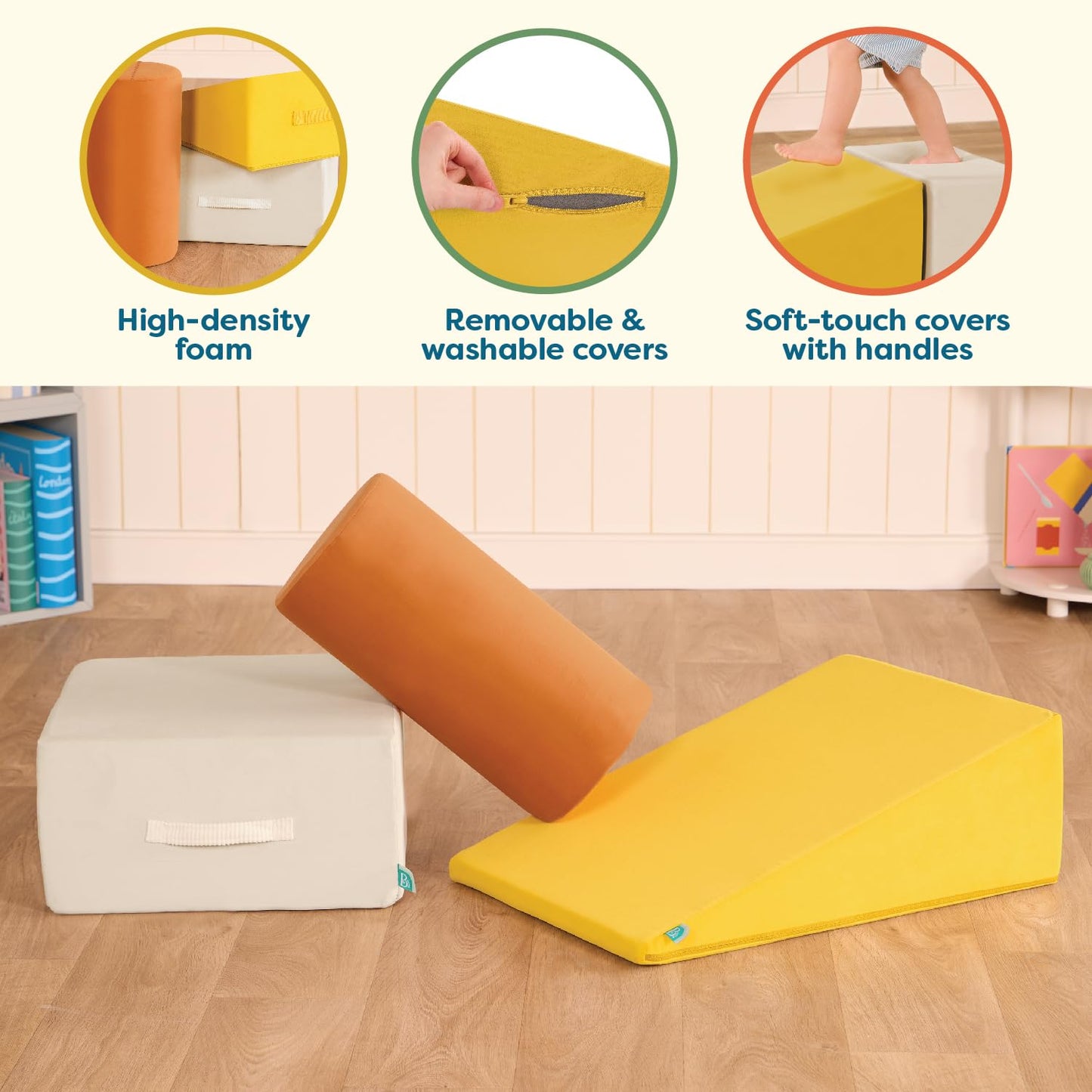 B. toys – Sensory Foam Building Blocks for Toddlers – 3 Pieces Climbing Set with Cylinder, Ramp & Block – Easy-Grip Handles, Machine Washable Covers – Soft Play Shapes for Babies & Toddlers 12+ Months