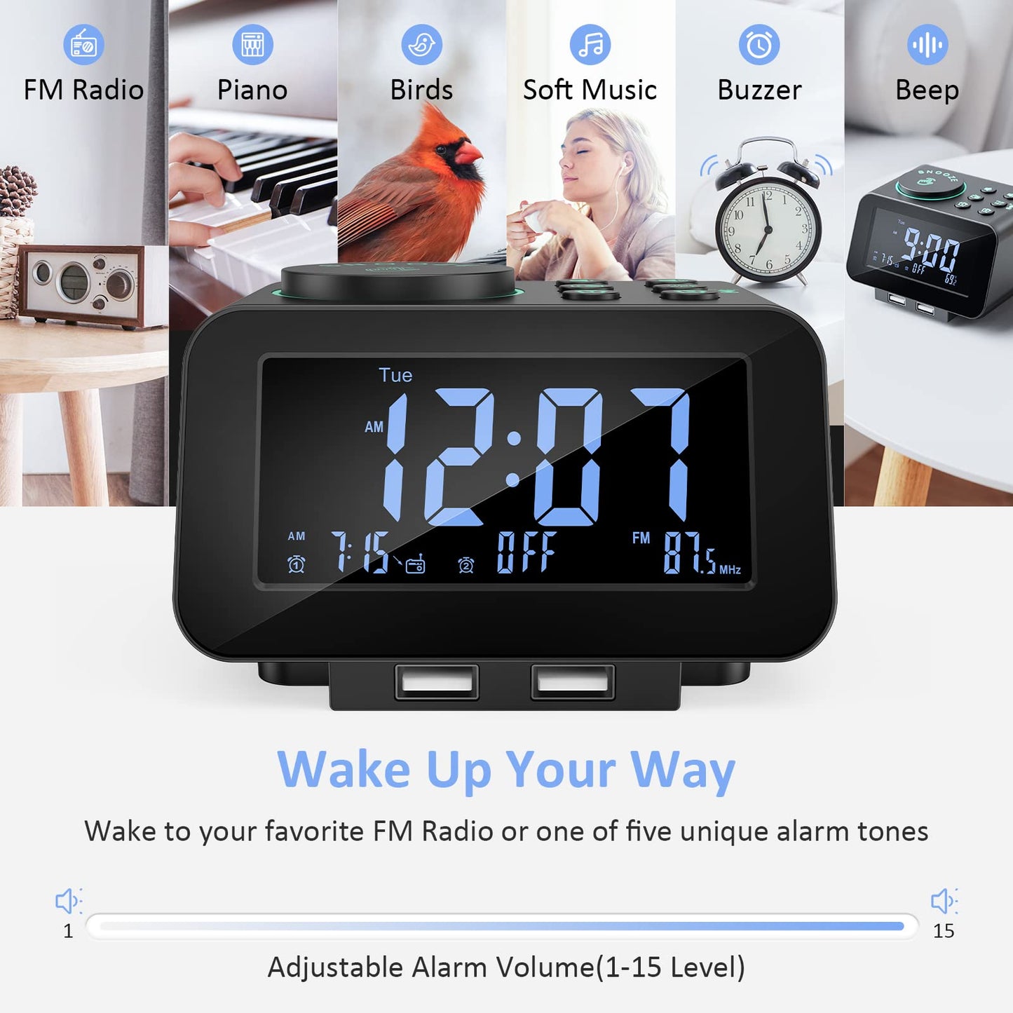 USCCE Digital Alarm Clock Radio - 0-100% Dimmer, Dual Alarm with Weekday/Weekend Mode, 6 Sounds Adjustable Volume, FM Radio w/ Sleep Timer, Snooze, 2 USB Charging Ports, Thermometer, Battery Backup