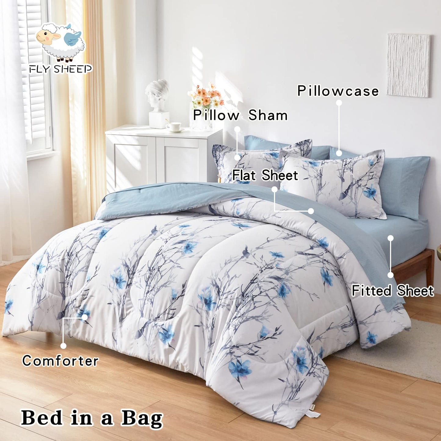 7 Pieces Bed in a Bag Queen Comforter Set with Sheets, Blue Flower Branch on White Botanical Bedding Sets for All Season (1 Comforter, 2 Pillow Shams, 1 Flat Sheet, 1 Fitted Sheet, 2 Pillowcases)