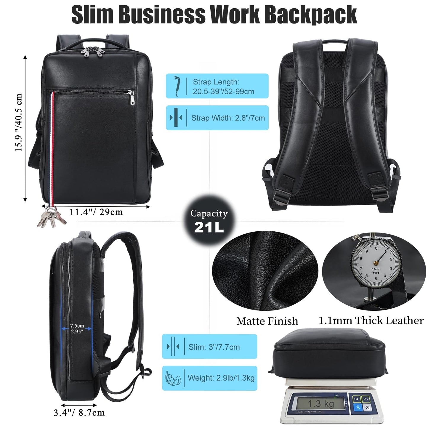Masa Kawa Slim Genuine Leather Business Backpack for Men Women 15.6" Laptop Bag Office Work Travel Small Thin Computer Casual Daypack, Black