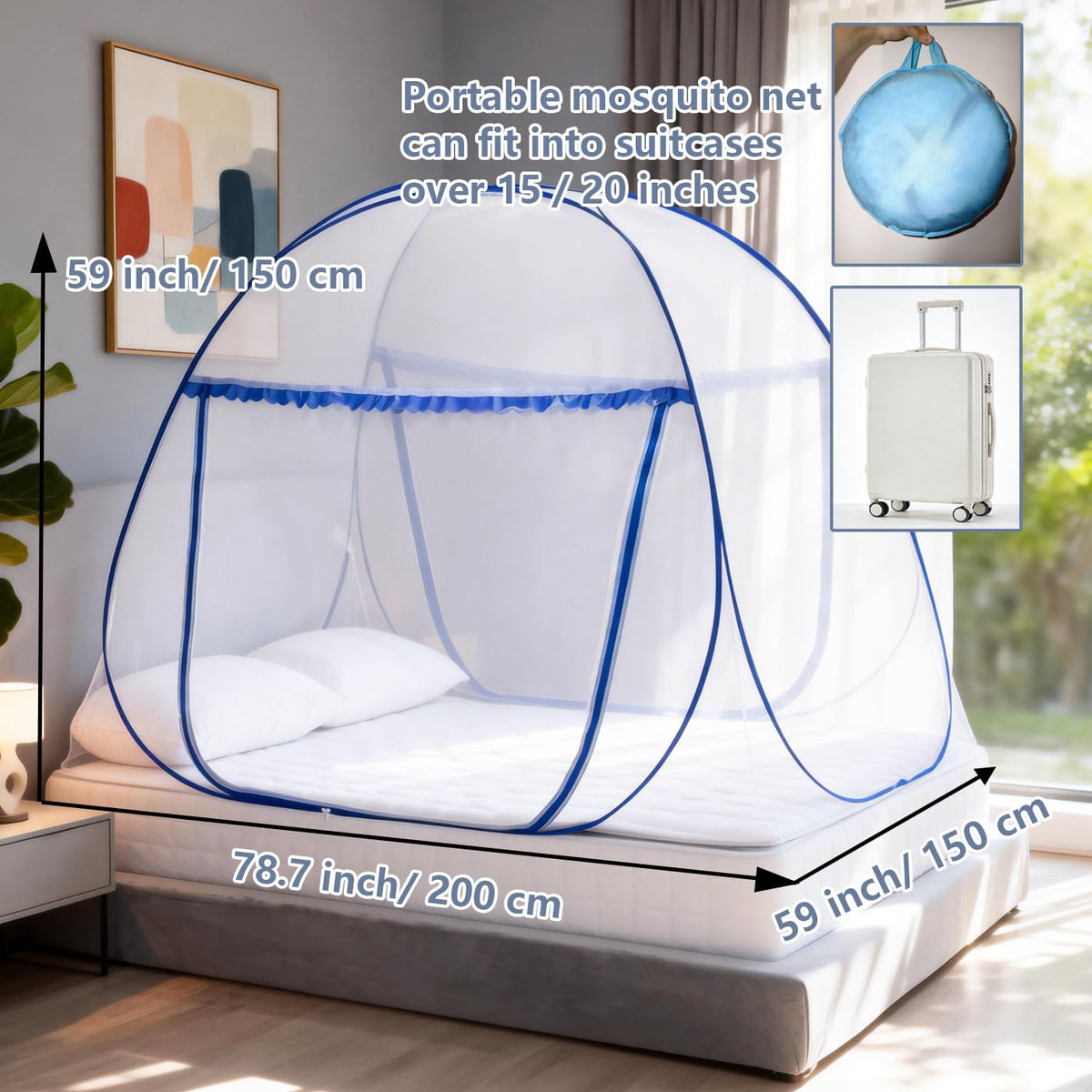 Pop-Up Mosquito Net Tent for Bed, Queen Size Folding Portable Camping Travel Mosquito Tent with Net Bottom for Baby Adults, Easy to Wash Mosquito Net for Bed, L79 x W59 x H59 inch, 2 Entries