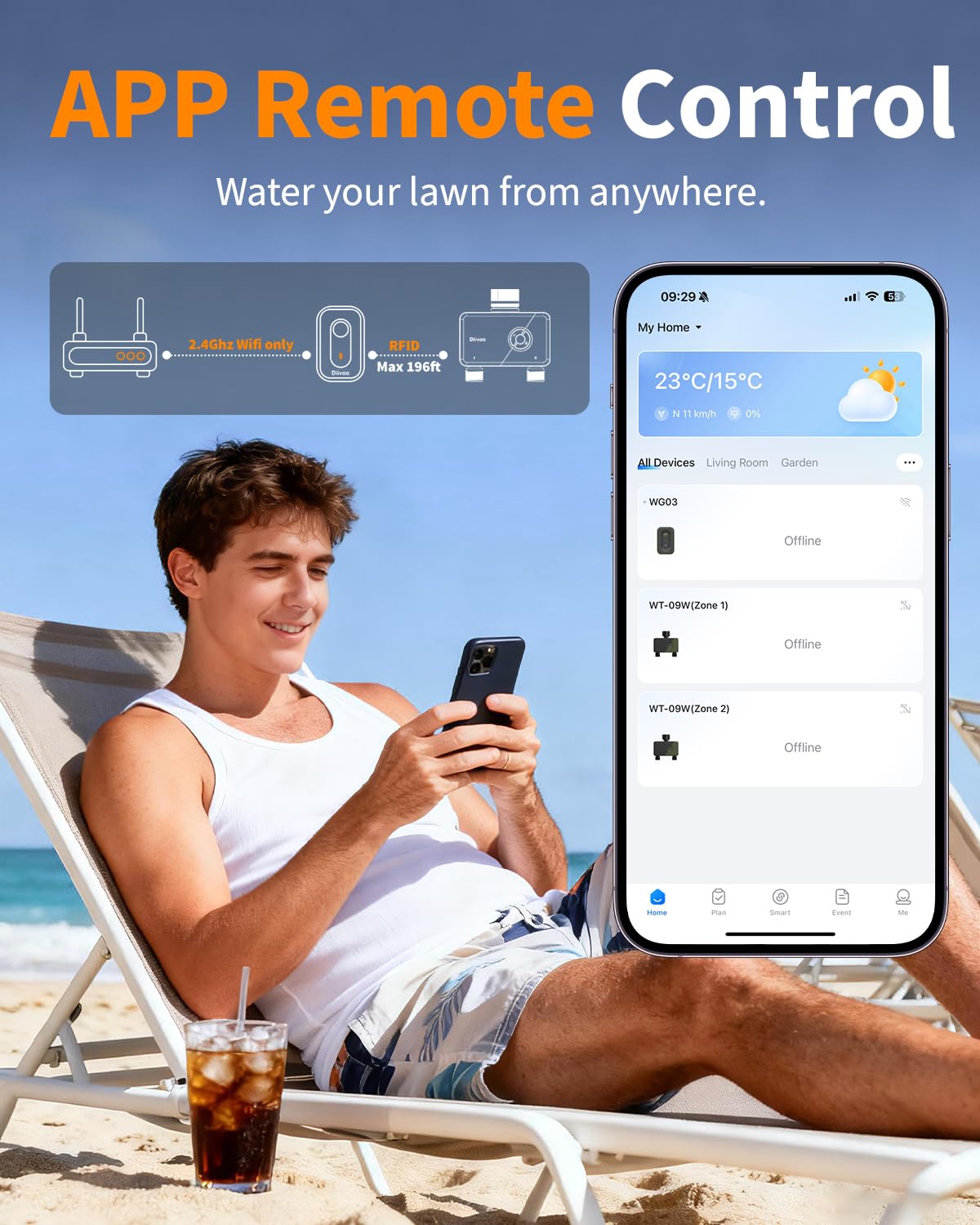 Diivoo WiFi Sprinkler Timer 2 Zone, Garden Hose Timer with Brass Inlet & Outlet, Programmable Automatic Water Timer with Rain Delay, Manual/Auto Mode, Outdoor Irrigation Controller for Lawn