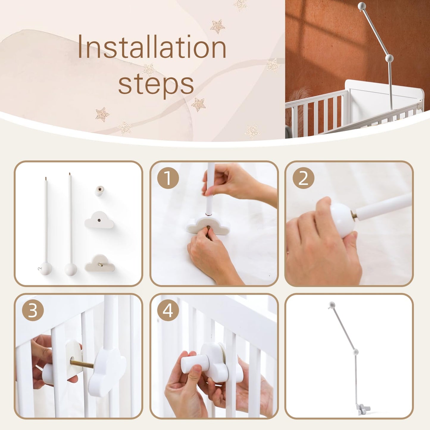 Crib Mobile Arm Wooden Mobile for Crib Arm 27 Inch Baby Crib Mobile Arm for Hanging Baby Toys 100% Natural Beech Wood Mobile Crib Arm with Strong Anti Slip Attachment Crib Mobile Arm for Nursery Décor (Cloud)