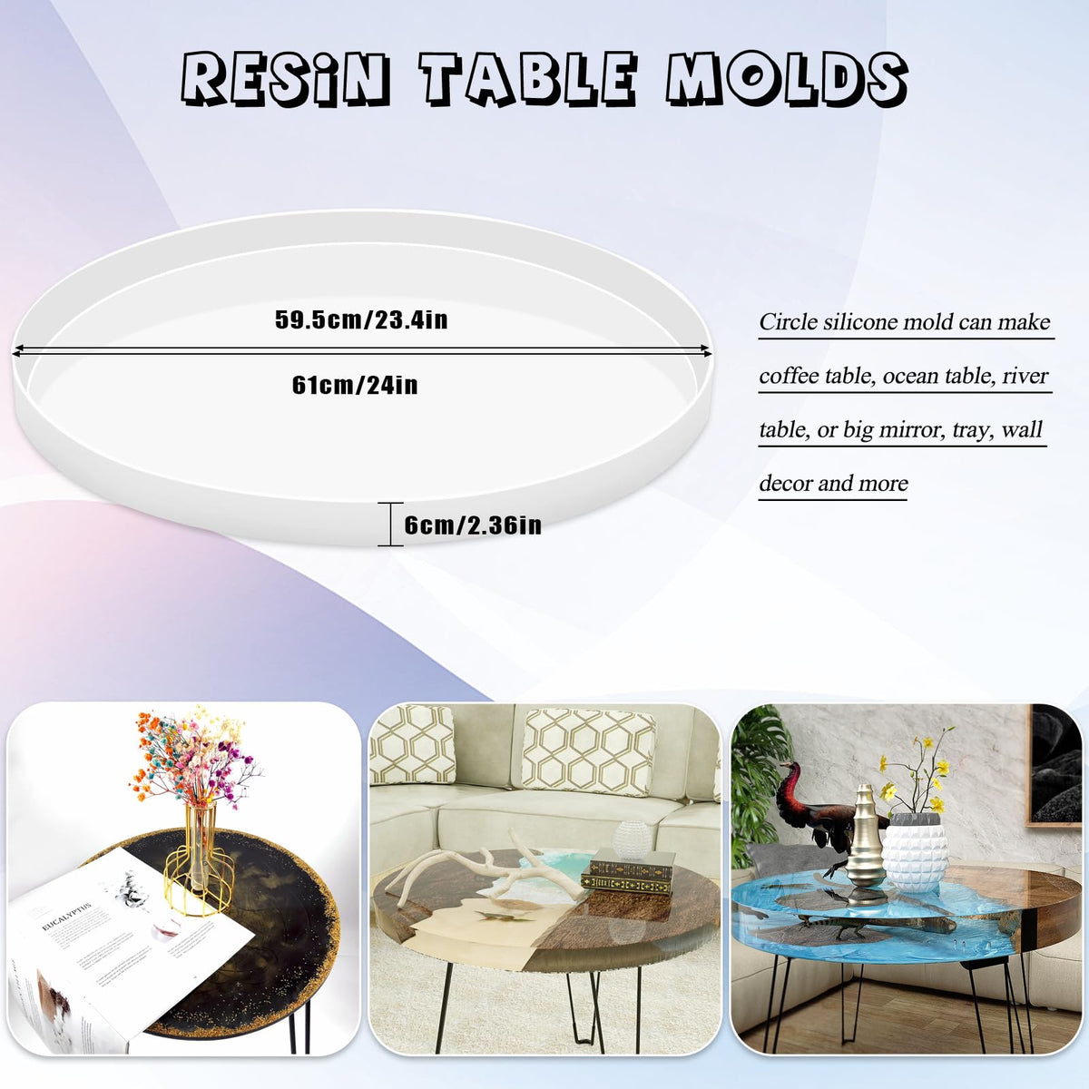 24 Inch Large Resin Table Molds, Reusable Thickened Round Silicone Resin Tray Molds, Epoxy Resin Topdesk Molds for Charcuterie Board, River Table, DIY Art Home Decoration (24in)
