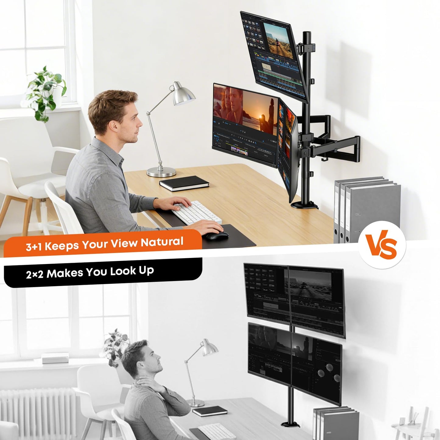 Quad Monitor Mount for 17-27 Inches - Fully Adjustable Heavy Duty 4 Monitor Arm Desk Mount, Max Load 22lbs per Screen, Clamp/Grommet, VESA 75/100 mm, Black