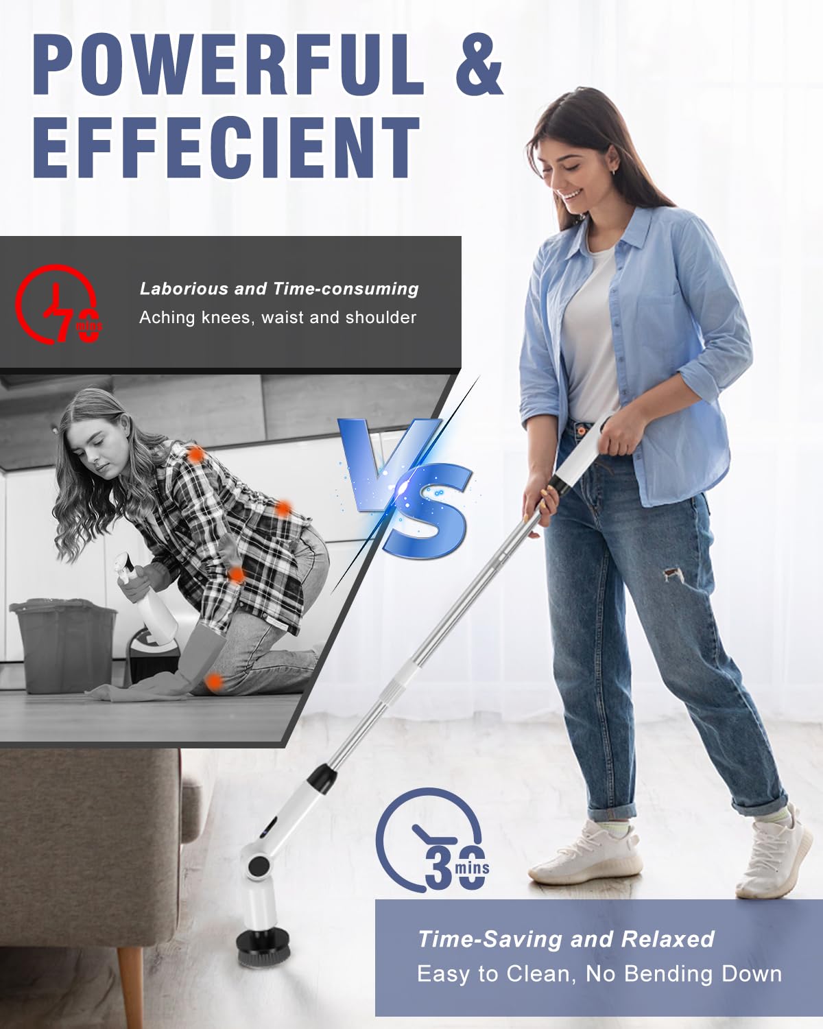 Electric Spin Scrubber, [Adjustable Angle] Homtronics Cordless Electric Cleaning Brush with 8 Replaceable Brush Heads, Battery Display, 450r/min Speed, 50in Adjustable Long Handle for Bathroom
