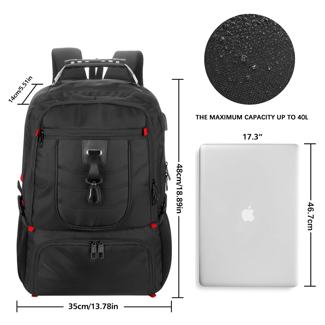 18.4in Men Laptop Backpack with Shoe Compartment for Gym Hiking Business,Large Travel Bag with PC Compartment,Black